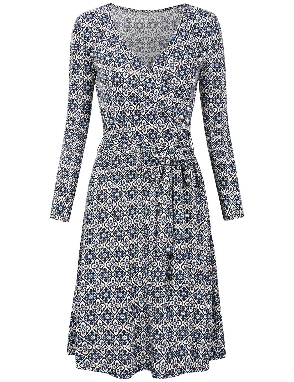 SUNGLORY Casual Wrap Dress,Women's V-Neck Geometric Long Sleeve Knee Fit-and-Flare Dress Blue&White L