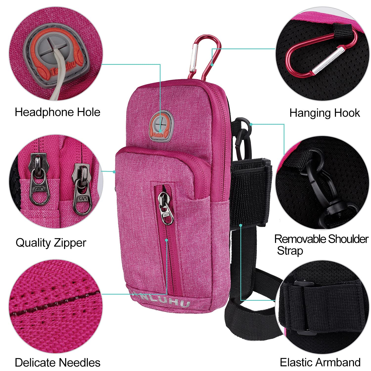 Brassard de Sport Universel Sac de Bras de Sport Réglable Bras de Gymnastique Étui de Poche Bandoulière Sac de Passeport de Voyage pour iPhone, Samsung, Huawei (Rose Rouge)