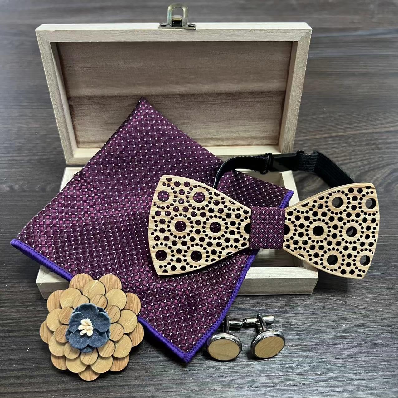 Papillon in legno, set di 4 pezzi, papillon in legno, gemelli + spilla + quadrato da tasca, accessorio alla moda