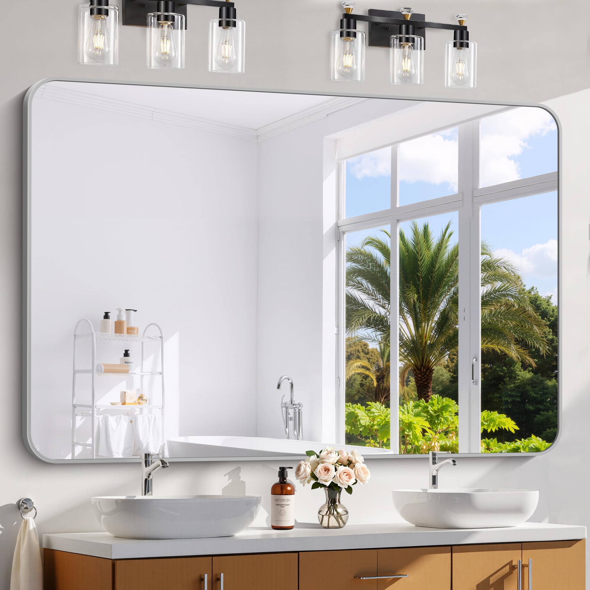 60x40 Inch Silver Bathroom Mirror Large Rectangle Mirror Metal Framed Rectangular Vanity Mirror Rounded Corner Wall Mounted Mirror