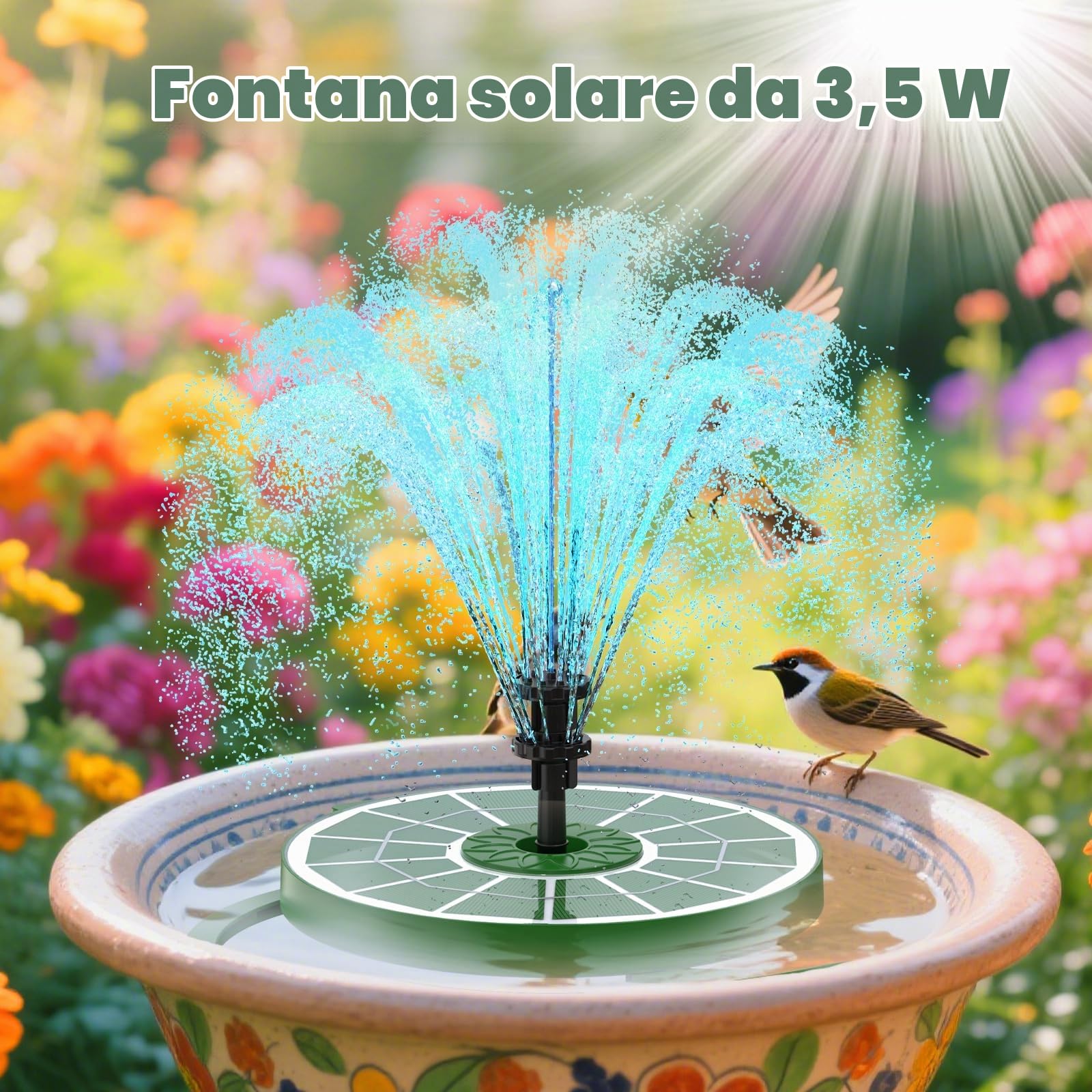 AISITIN Fontana Solare per Esterni Migliorata, 3,5W Pompa Solare Galleggiante per Fontana con Diversi Effetti di Spruzzo, Fontana Solare per Esterni con Vetro Verde Scuro, per Giardino, Stagno