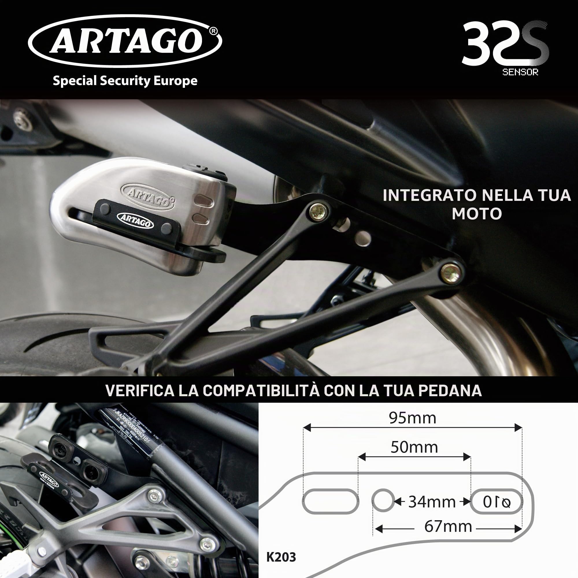 Artago 32S2 Pack Antifurto Bloccadisco con Allarme 120db Alta Sicurezza + Supporto per Yamaha MT-07 e Tracer 700, Omologato SRA