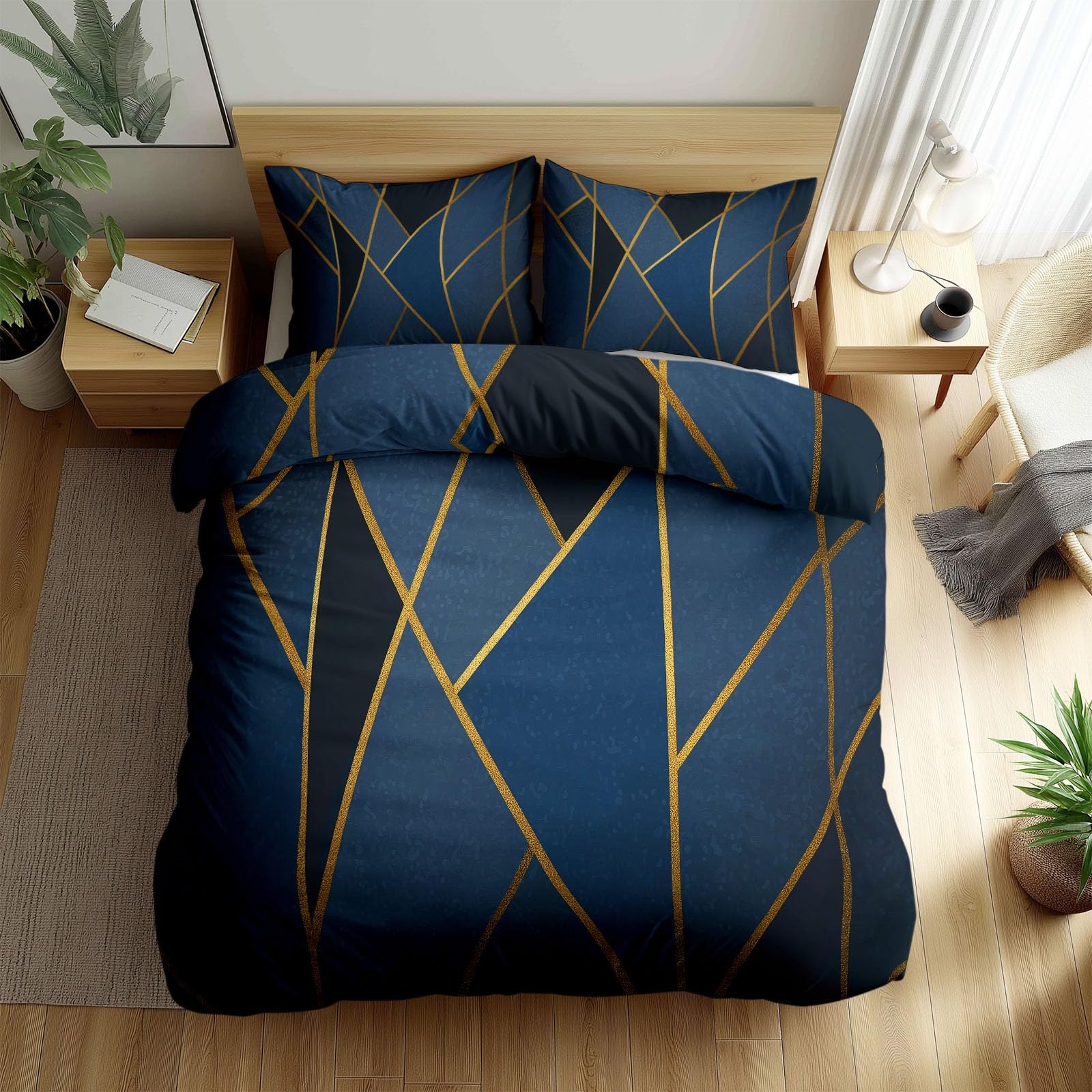 Parure de lit 220x240 cm bleu foncé avec housse de couette géométrique et 2 taies