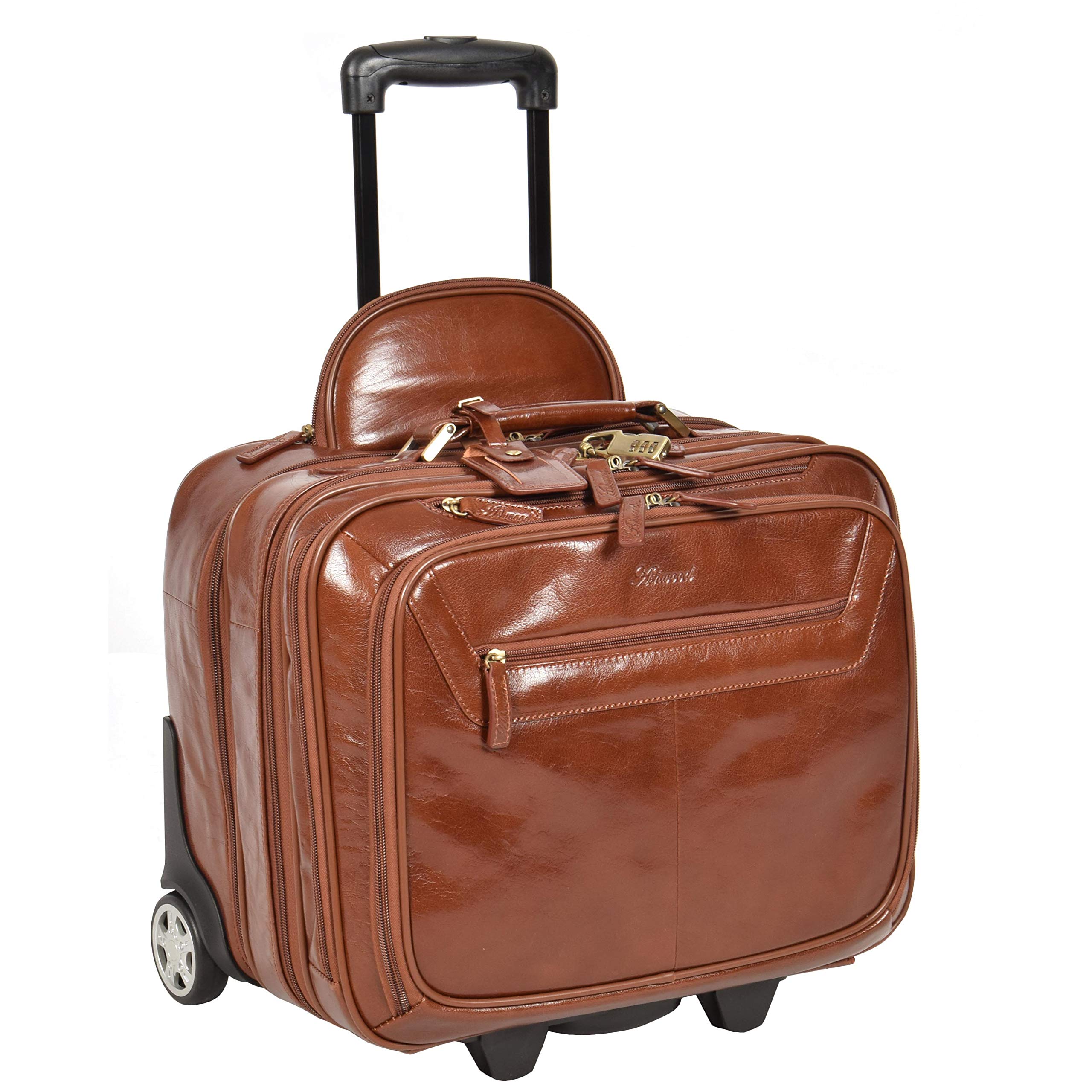 Borsa da viaggio in vera pelle con manico telescopico HOL15, castano, L, Custodia pilota con ruote