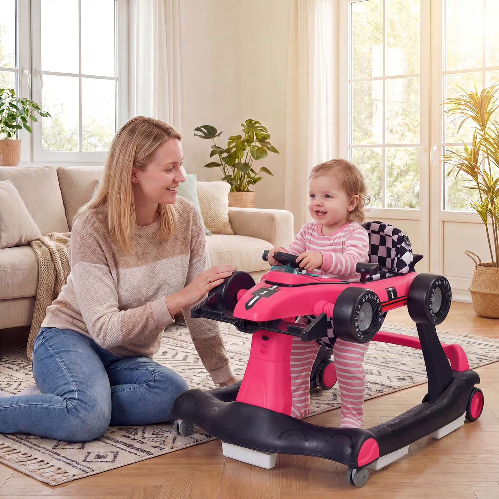 RELAX4LIFE Girello per Bambini 6 in 1 con Luci e Suoni, Vassoio Giocattolo Rimovibile, 2 Velocità Ruote e 3 Altezze Regolabili 50,5/53,5/55,5 cm, Portata 12 kg (ROSA SHOCKKING)
