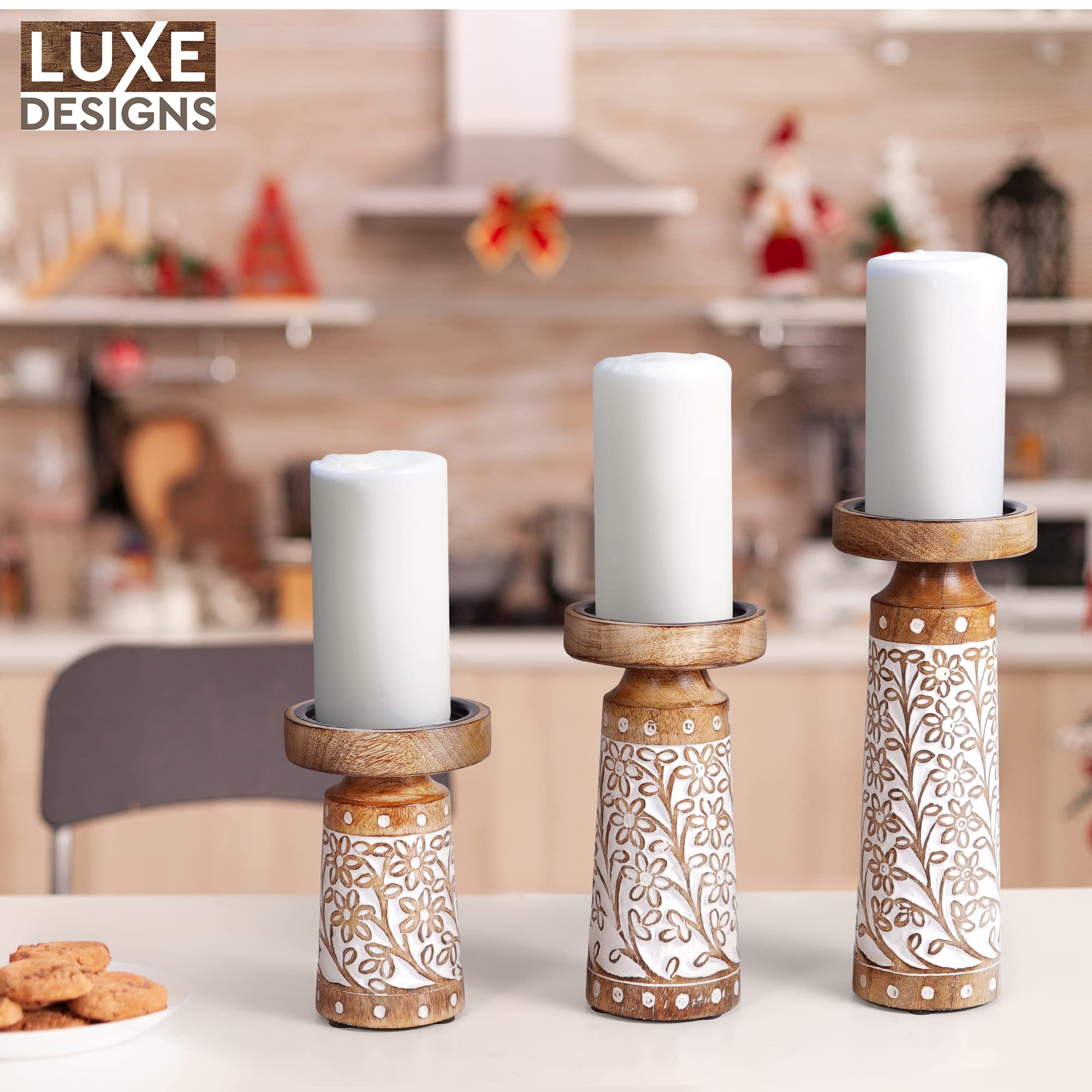 Set Portacandele Legno Mango Rustico Portacandele In Legno Di Mango - Set Di 3, Stile Rustico, Per Candele A Batteria Set Portacandele Rustici