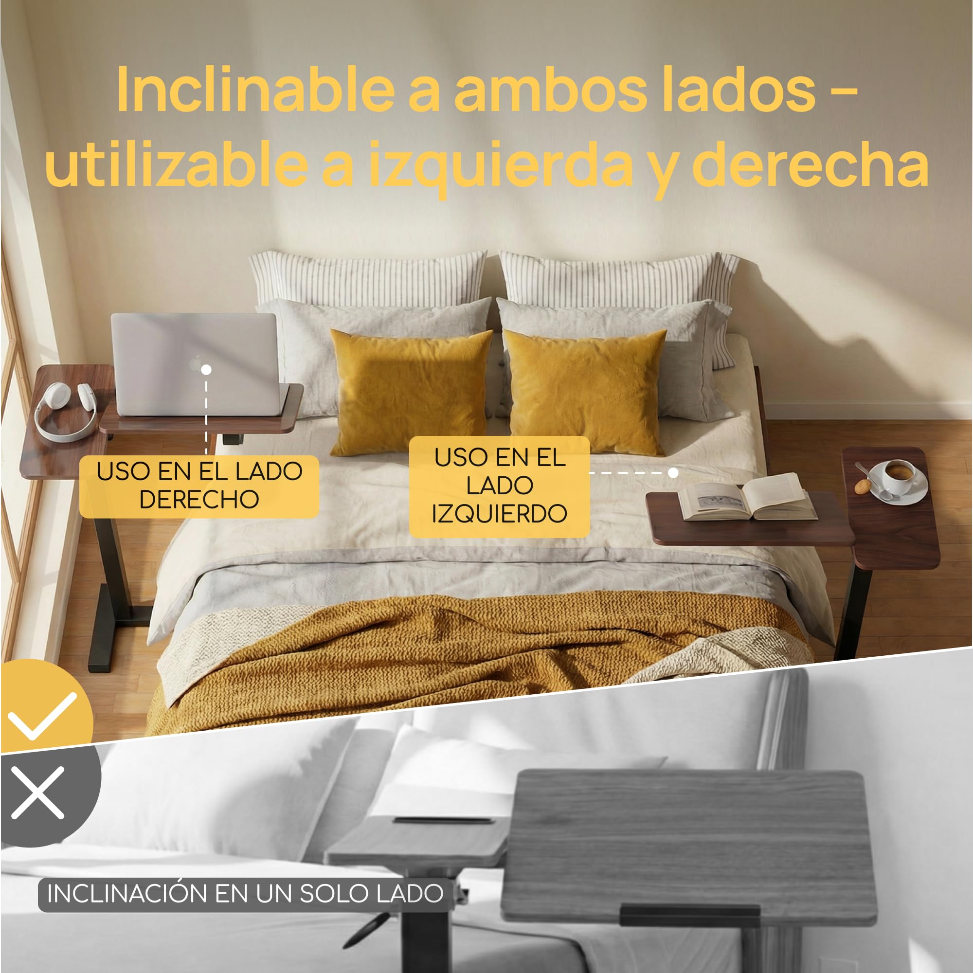 Viviendo Mesa Auxiliar para Cama con Ruedas, Marrón, Regulable en Altura 68–108 cm con Pistón de Gas, Mesa para Ordenador Portátil con Tablero Inclinable, para Cama, Sofá y Oficina, 70 x 40 cm