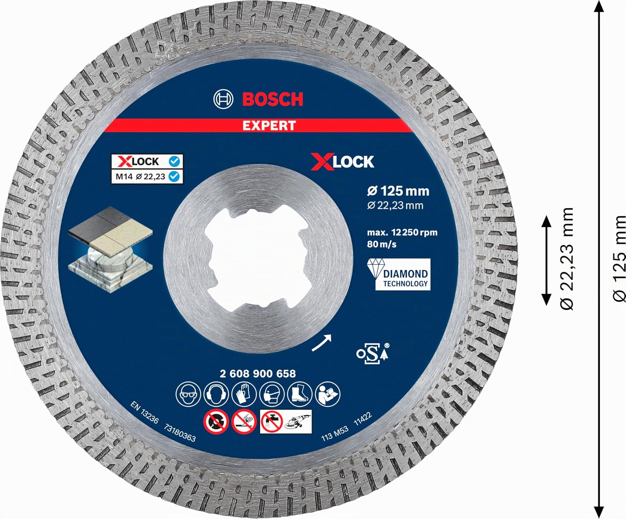 BOSCH ACCESORIOS - Bosch Professional 1x Disco de corte de diamante Expert HardCeramic X-LOCK (para Azulejos duros, Piedra dura, Ø 125 mm, accesorios Amoladora pequeña)