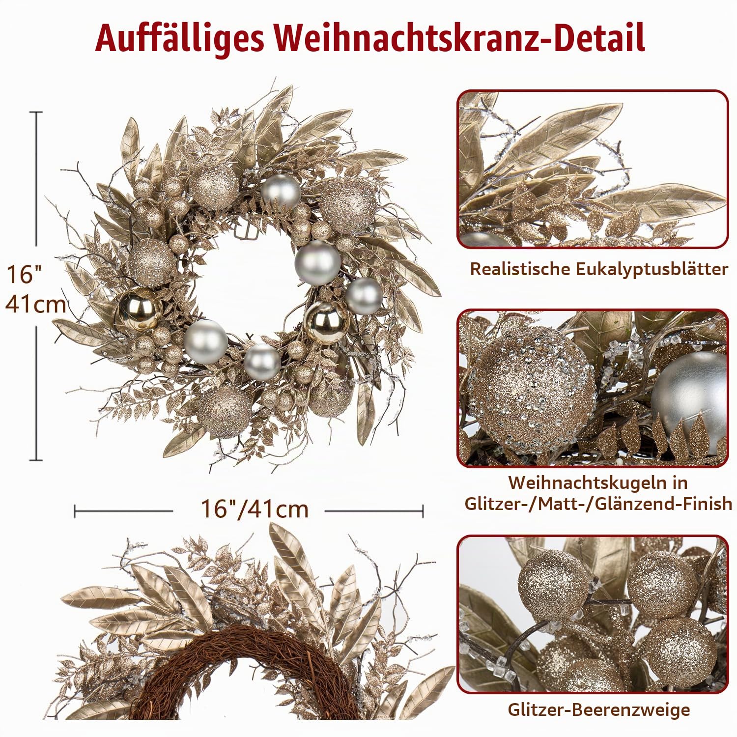 Weihnachtskranz Türkranz für Weihnachten - Champagne Adventskranz mit Weihnachtskugeln und Fernzweige, Dekokranz Weihnachtsdeko Tischkranz, Ø 40CM