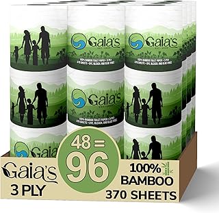Gaias Premium and Soft Organic Bamboo Toilet Paper | 48 Mega Rolls, 3 Ply, 370 Sheets | FSC Certified, PFAS & BPA Free, Eco-Friendly, Sustainable Tissue - Plastic Free, Septic Safe, Vegan