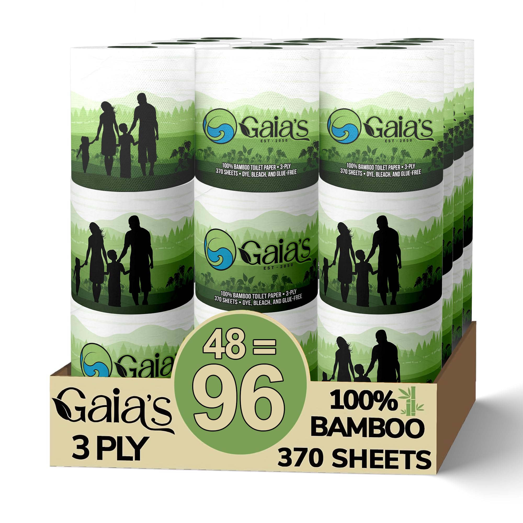 Photo 1 of Gaias Premium and Soft Organic Bamboo Toilet Paper | 48 Mega Rolls, 3 Ply, 370 Sheets | FSC Certified, PFAS & BPA Free, Eco-Friendly, Sustainable Tissue - Plastic Free, Septic Safe, Vegan