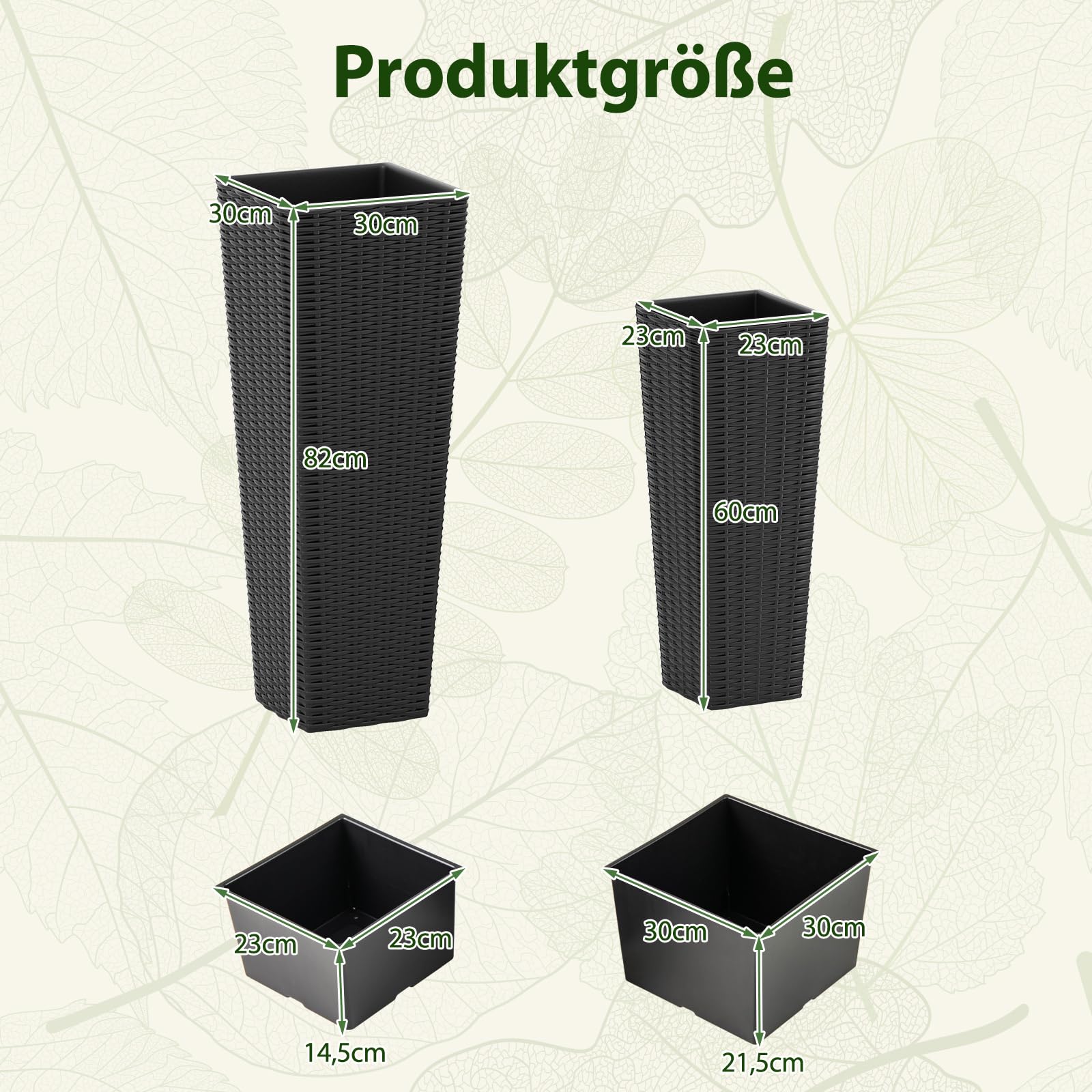 RELAX4LIFE 2er Set Pflanzkübel, 82 cm / 60 cm hoch, Rattan Blumentopf wetterfest, Pflanzentopf mit Entwässerungslöchern, Übertopf für Garten, Balkon und Veranda (Schwarz)