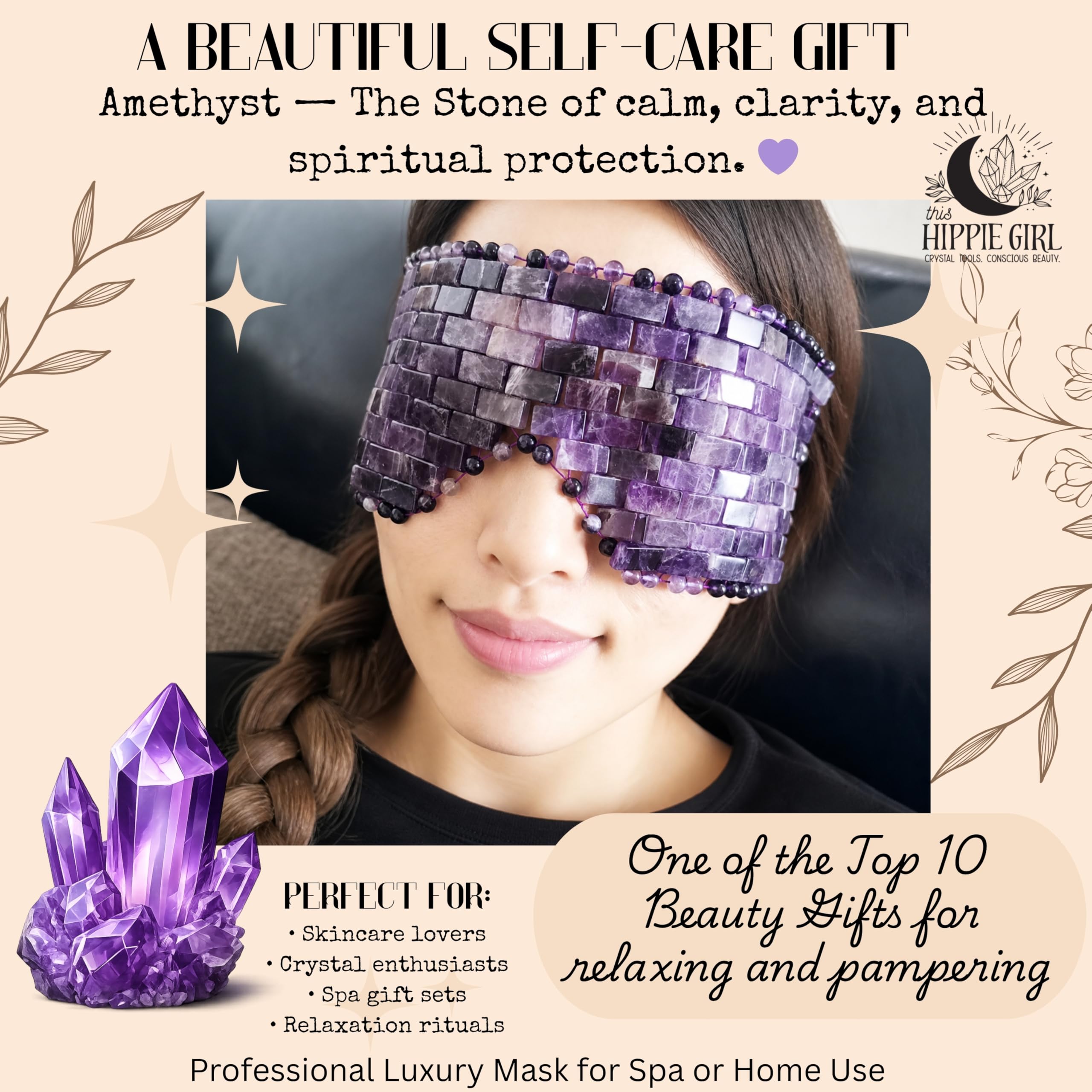 This Hippie Girl Masque pour les yeux en améthyste – Masque facial en cristal naturel pour les poches, les cernes et le soulagement de la tension. Pierre spa rafraîchissante pour la