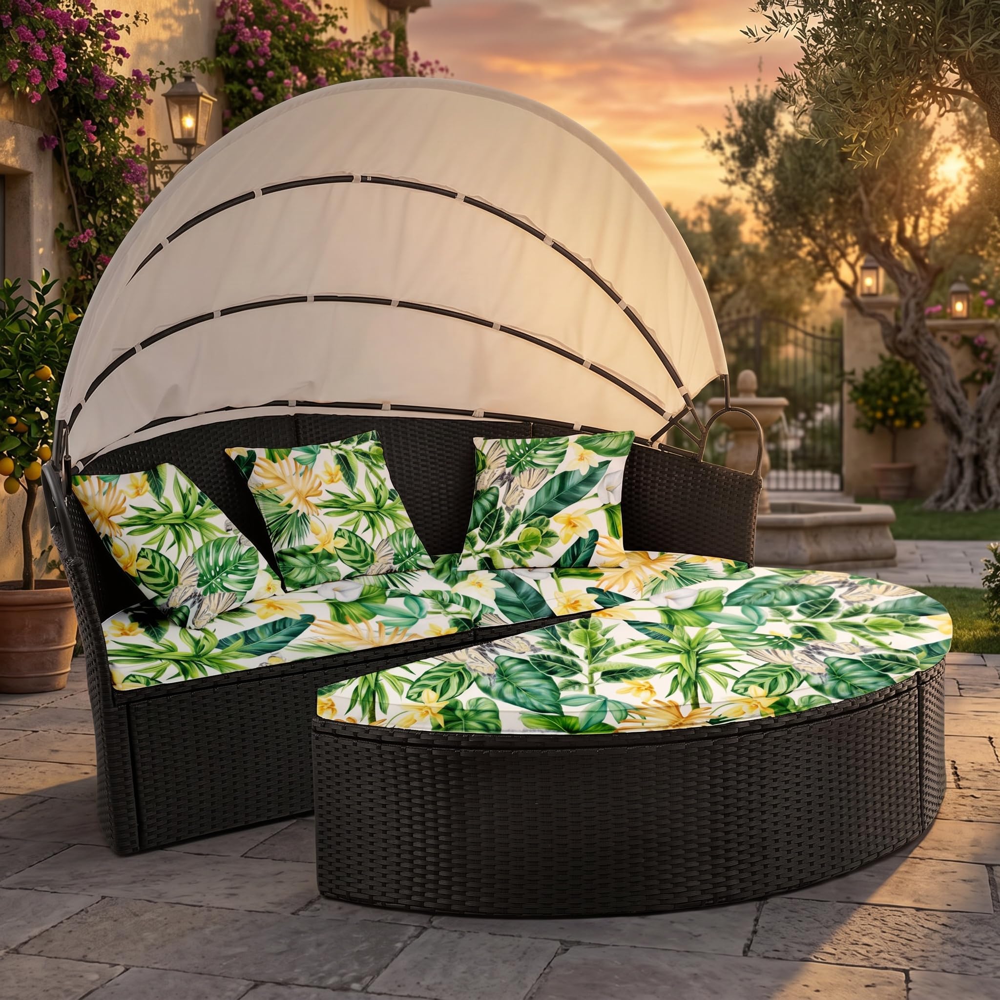 LiveGo Outdoor Daybed Cushion Cover, 66" Replacement Daybed Cover with Elastic Band, Sun Bed Cushion Cover, Outdoor Round Bed Cushion Covers (Green Leaves, 2 Half Round Covers + 3 Pillow Covers) — image 1