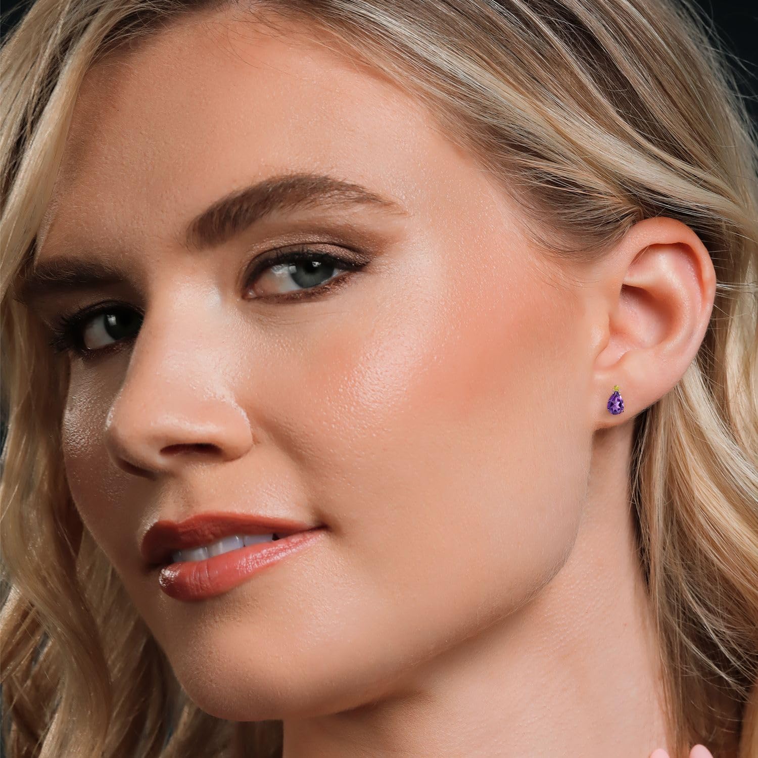 Gem Stone King 14K White Gold Purple Amethyst and Canary Lab Grown Diamond Stud Earrings for Women | 1.60 Cttw | Gemstone February Birthstone | Pear Shape 8X5MM - Image 4
