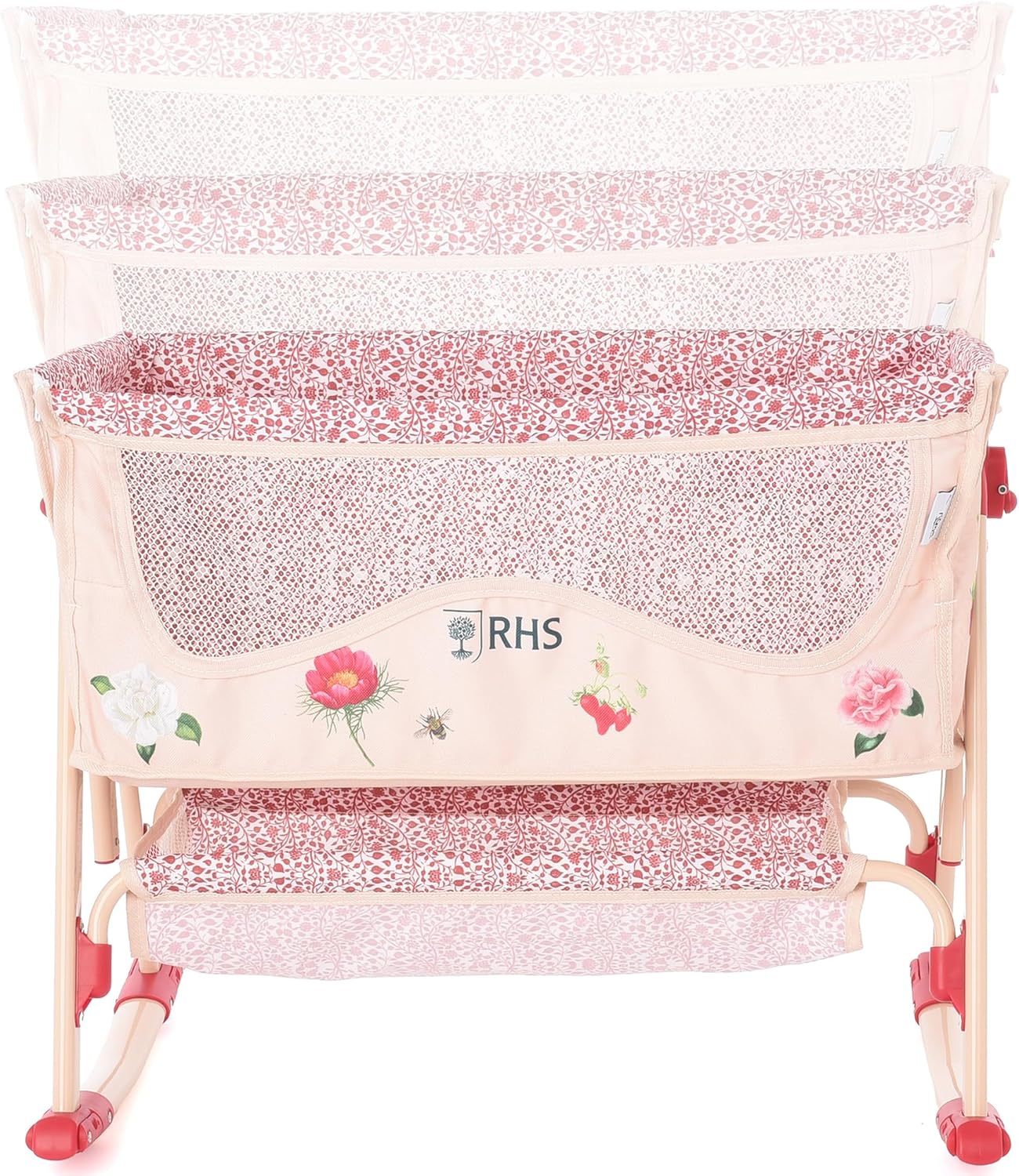 Roma Prams: RHS Doll Bedside Crib - Flora - Cream & Red, Rocking & Stationary, Bedtime Accessory, Adjustable Height, Storage, Roleplay Toy, Kids 3+