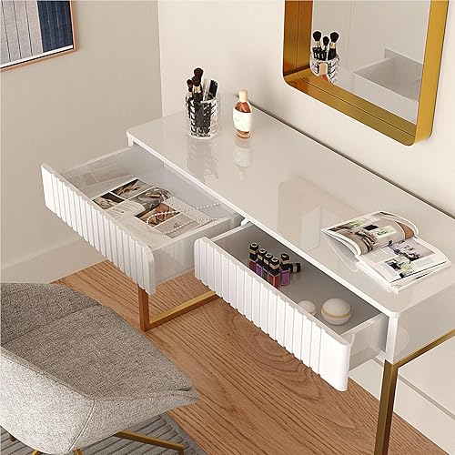 Miniatura 3 de Escritorio elegante y moderno, 2 cajones, patas doradas, 43.3 x 15.75 pulgadas, oficina en casa, tocador de maquillaje, computadora, escritura,