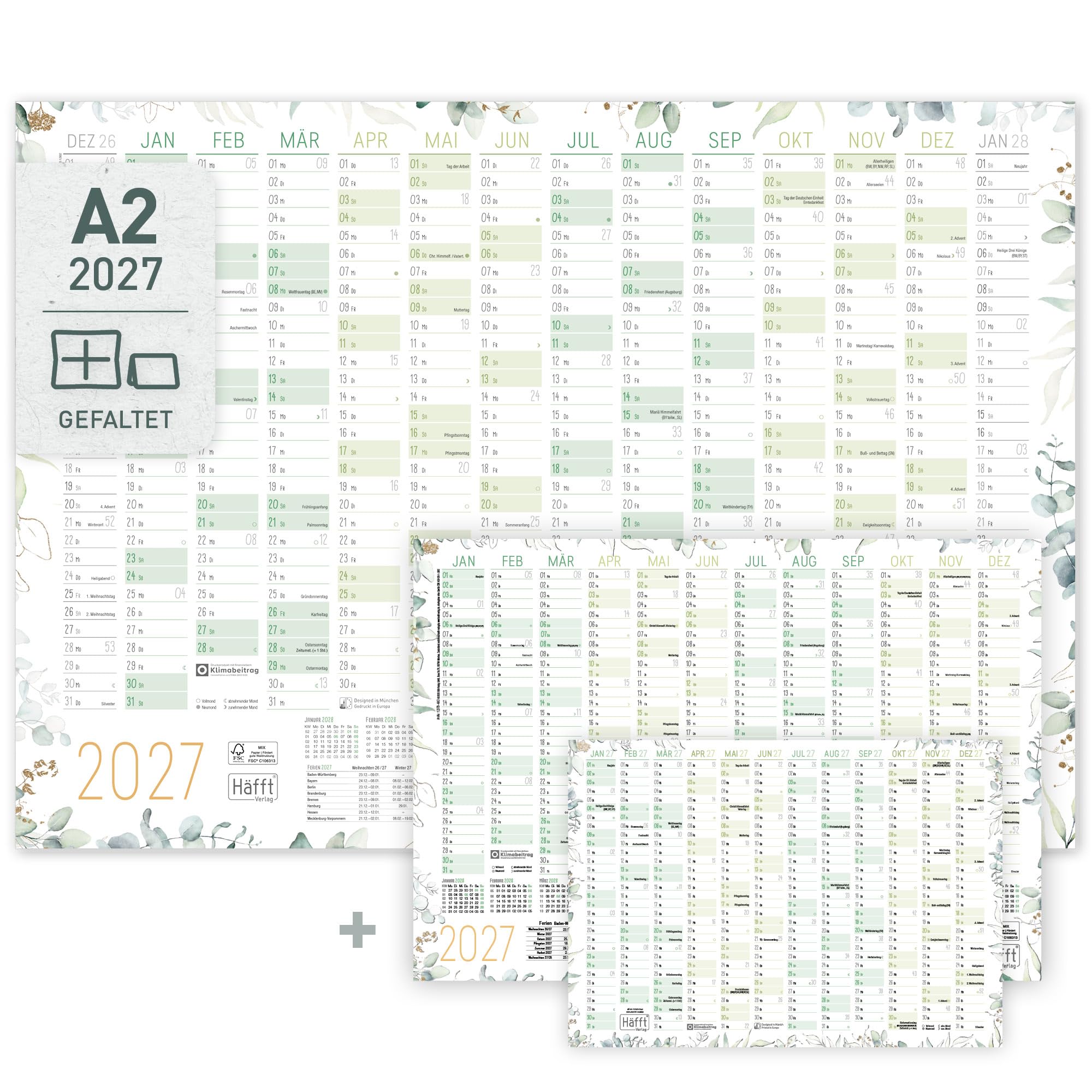 Häfft® Wandkalender 2027 A2 quer (59,4 x 42 cm) Wandplaner mit Ferien & Feiertagen für DE, Jahresplaner gefalzt für 14 Monate - inkl. gratis A3 + A4 Kalender "Blattgold"