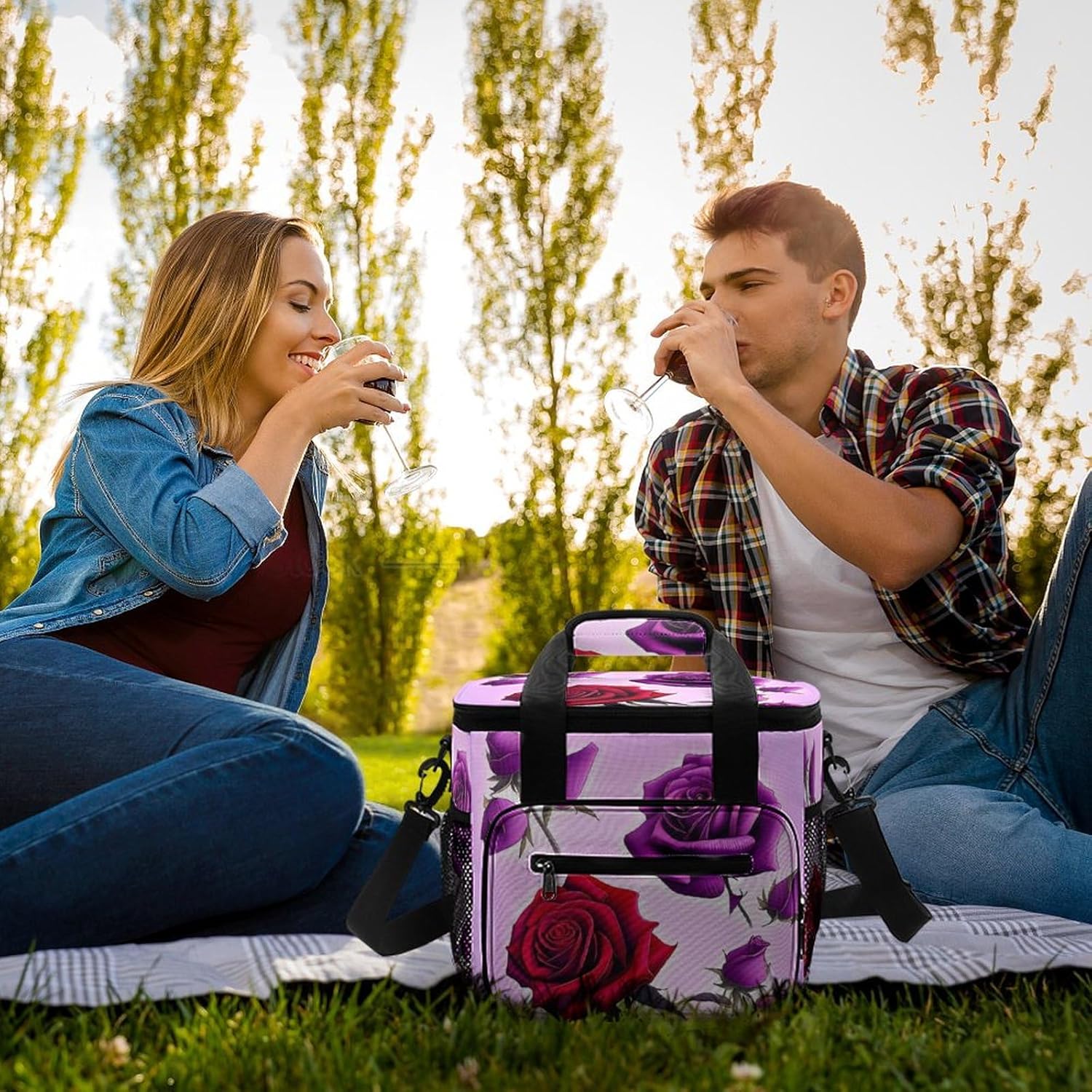 Large-Capacity Oxford Cloth Red and Purple Roses Printed Camping Ice Bag, Outdoor Portable Insulation and Cold Storage Bag, Enjoy A Cool Camping Time