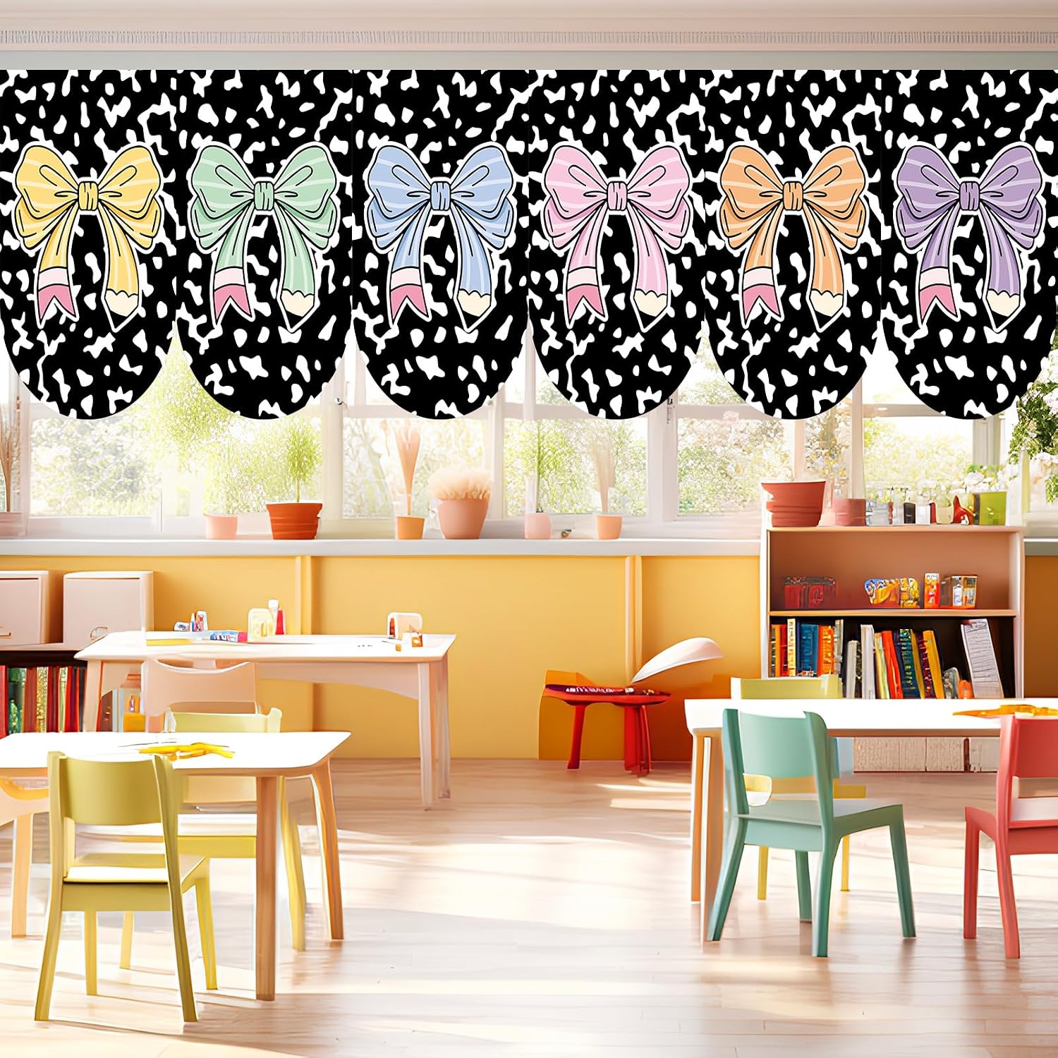 6 Pcs Composition Notebook Classroom Curtains Back to School Pastel Pencil Bow Window Curtains for Classroom Kindergarten Primary Daycare Playroom Bedroom Living Room Decor Easy Install 36 x 27.5Inch