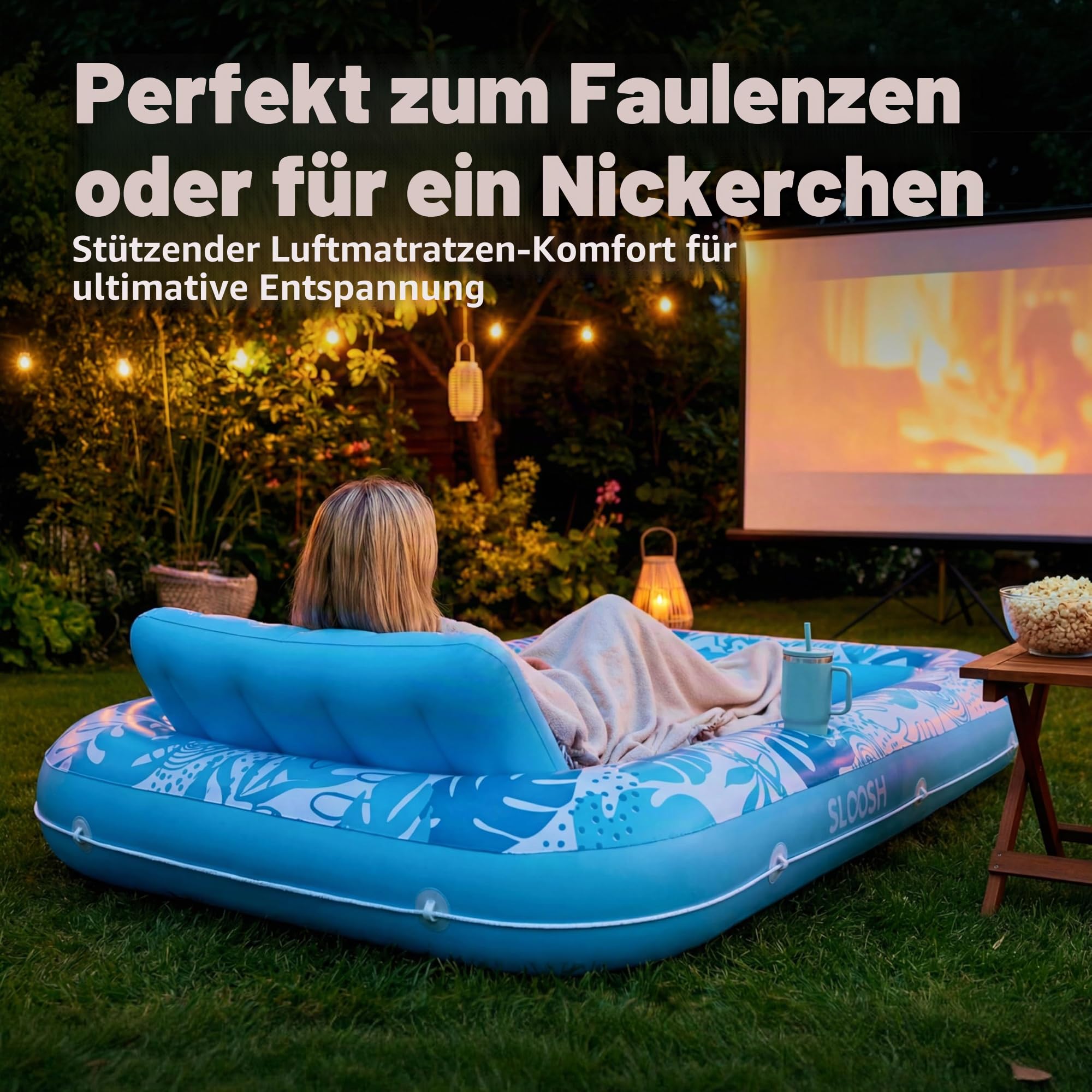 SLOOSH Aufblasbare Tanning Pool 70" x 46" 85" x 57" Luftmatratze für Erwachsene mit Kissen 4-in-1-Sonnenliege