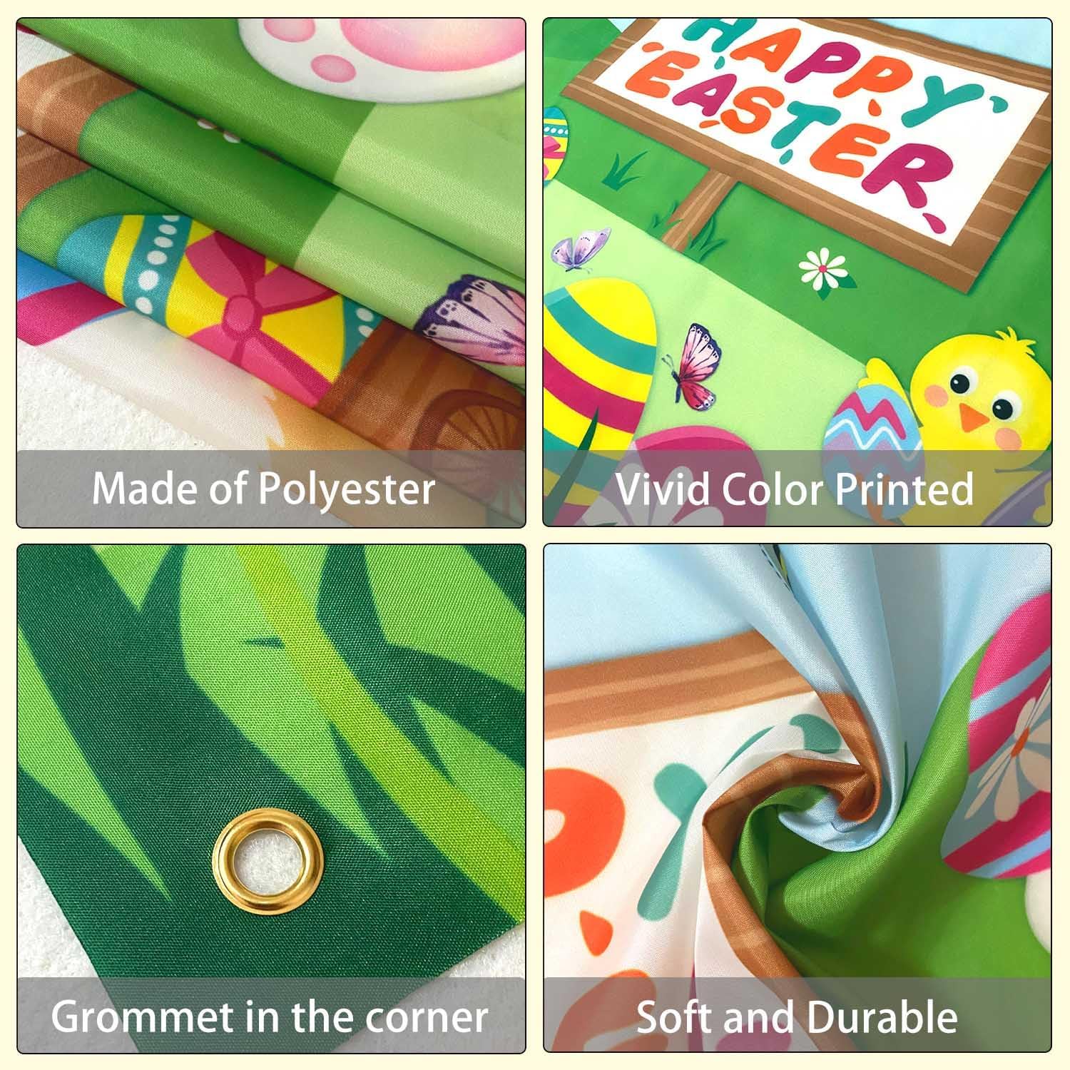 Happy Easter Banner Backdrop for Photography Spring Easter Party Decorations for Kids Colorful Eggs Rabbits Bunny Birthday Background Fabric Wall Decor Indoor Outdoor 5x3ft