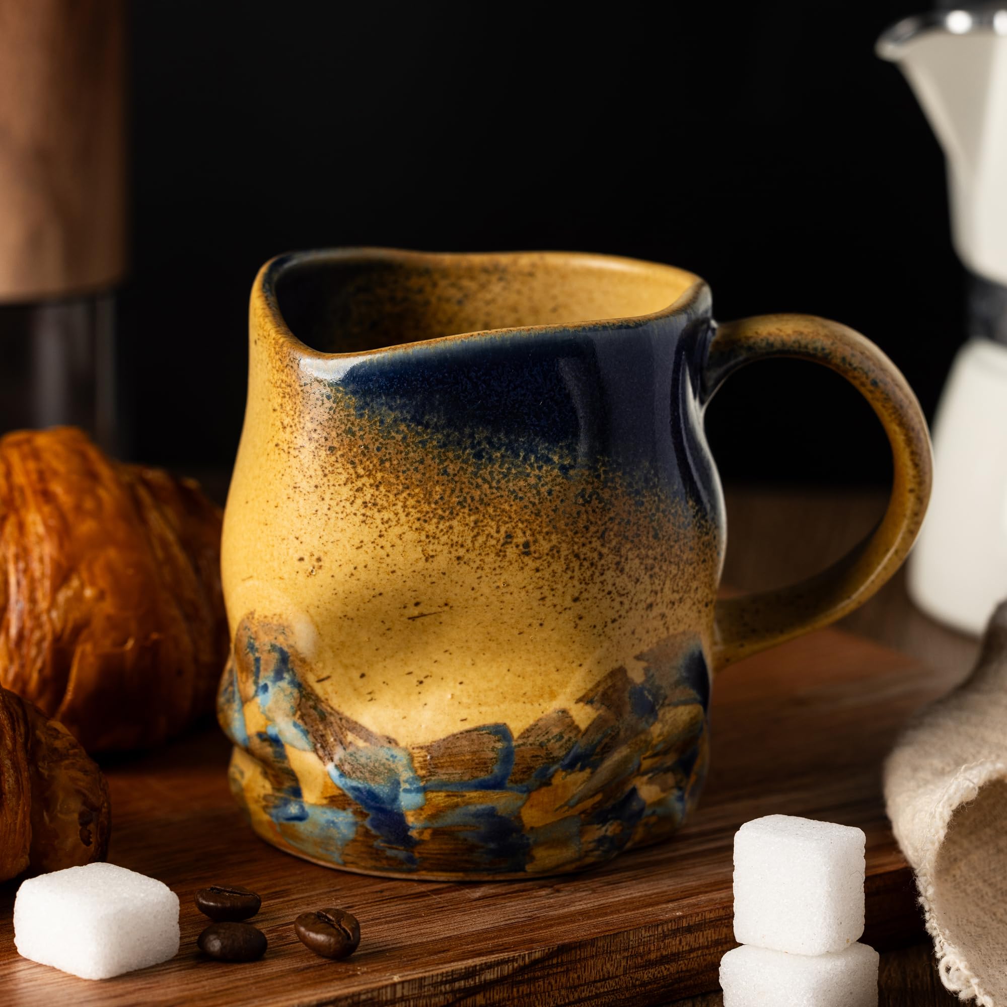 Tazas de café de cerámica hechas a mano, tazas con cuchara de café, 325 ml, taza de cerámica hecha a mano con asa, pintura a mano, tazas de té únicas de superficie desigual, aptas para