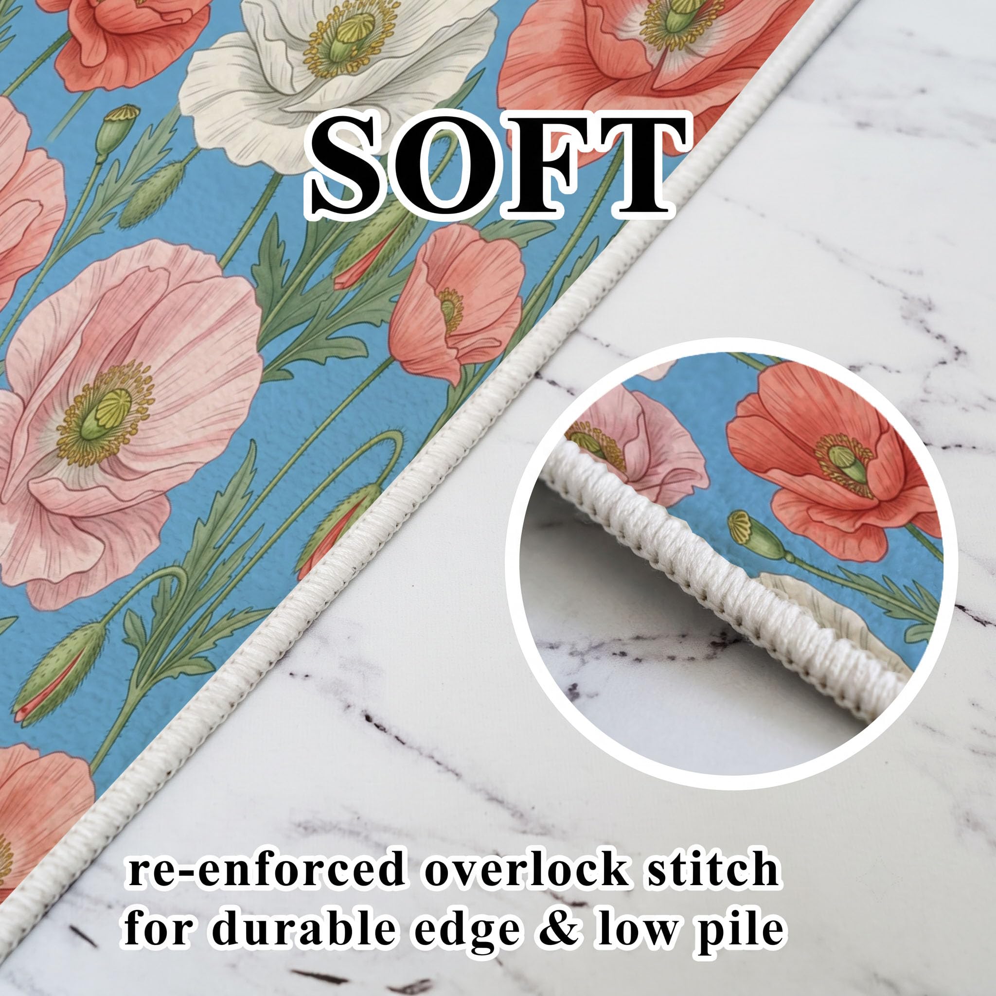 Tapis Rond Lavable Coquelicot Feuilles Vertes 100cm | Tapis Fleurs Fraîches Rétro Antidérapants Salon Lavable en Machine pour pour Salle à Manger, Entrée, Cuisine, Bleu