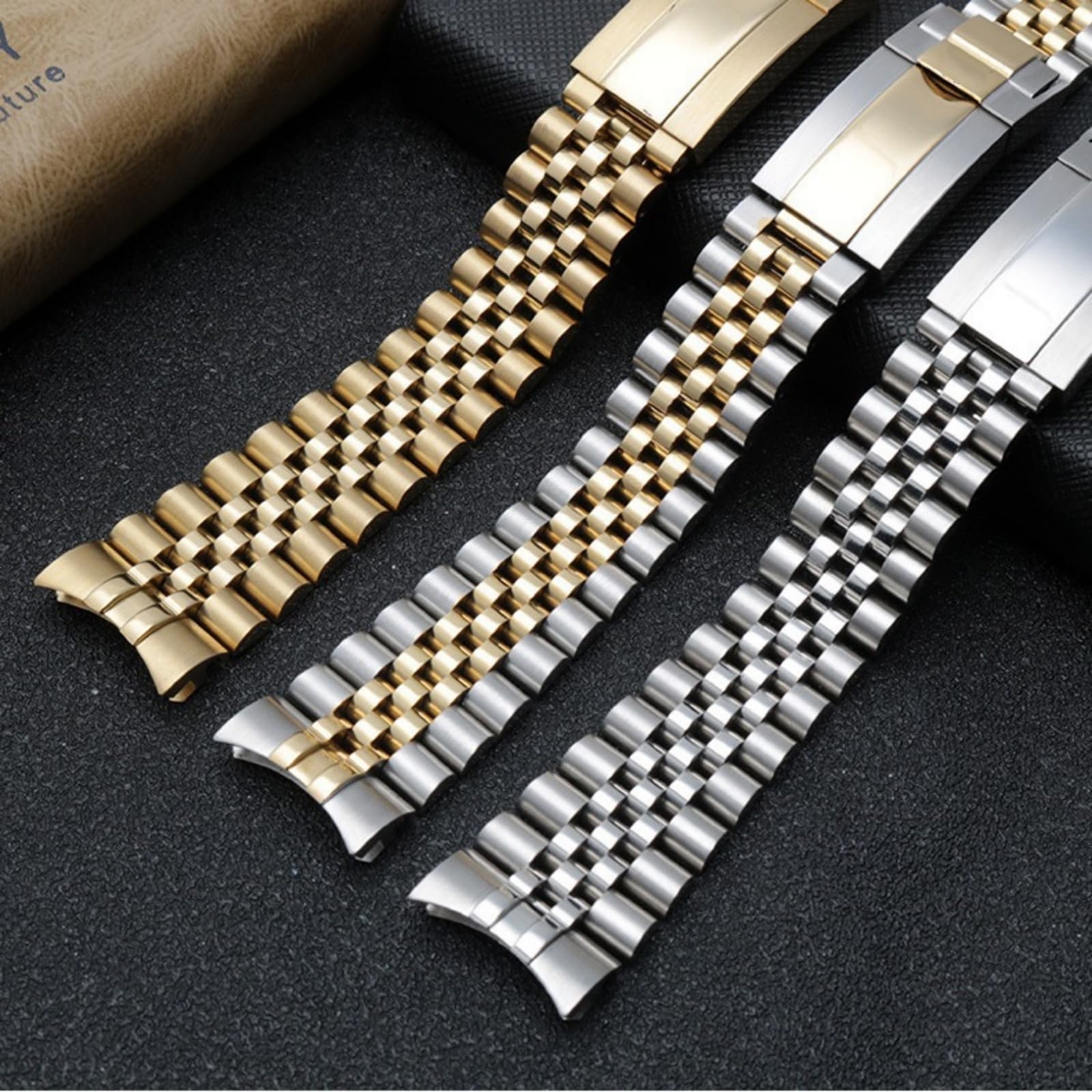 Cinturino Orologio 20mm Ricambio Design Jubilee Terminali Curvi Fibbia Micro Regolazione Senza Attrezzi - Argento Oro 20MM