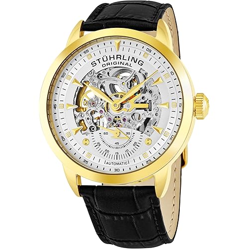 Stuhrling Original Mens Skeleton Automatic Dress Watch with Alligator Embossed Leather Strap Skeleton Dial