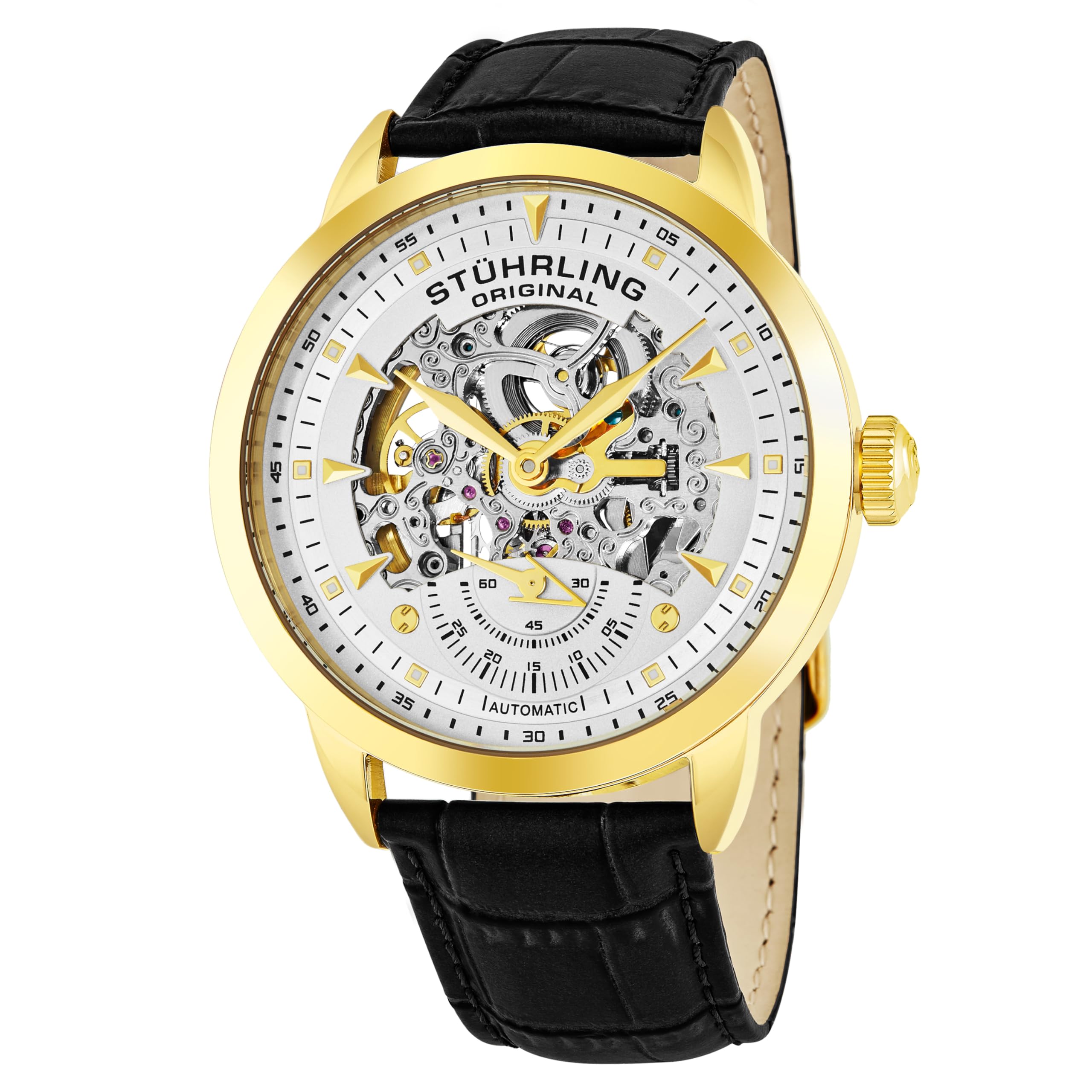 Stuhrling Original Mens Skeleton Automatic Dress Watch for Men with Alligator Embossed Leather Watch Strap & Mechanical Automatic Skeleton Watch Movement, Gold