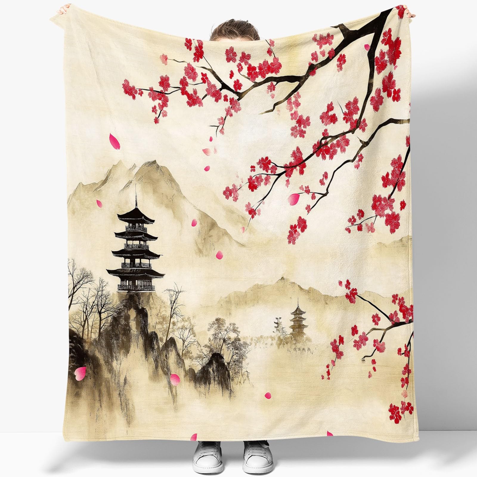 3D Couvertures Polaire Brun Flanelle Couverture Polaire Style Japonais Montagnes Pagode Fleurs De Cerisier pour Adultes Enfants Rester Chaud en Hiver Couverture en Peluche Canapé-lit 180 x 220 cm