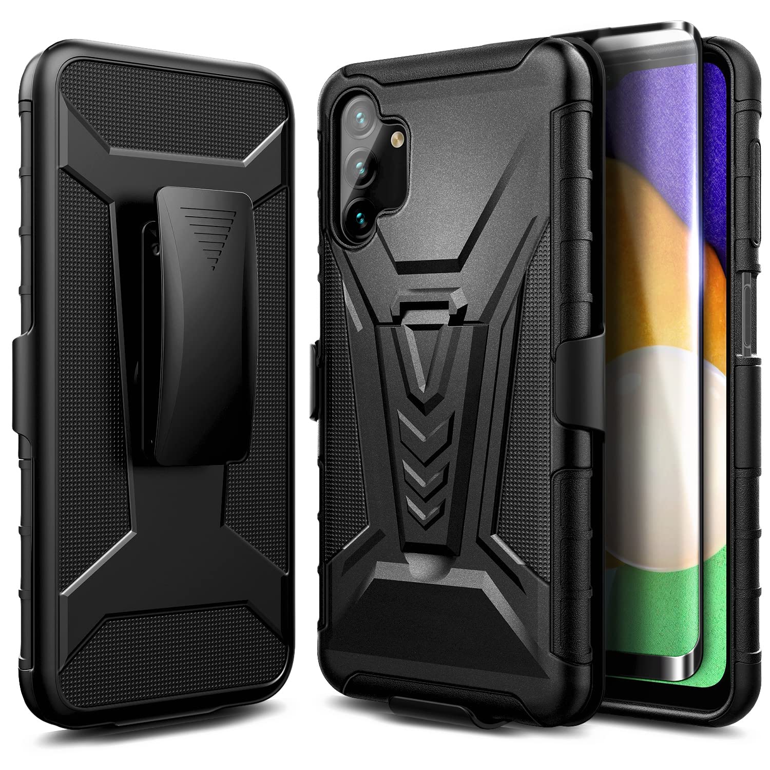 NZND for Galaxy A13 Case, Samsung A13 4G/A13 5G Phone Case with Tempered Glass Screen Protector, Belt Clip Holster with Built-in Kickstand, Heavy Duty Protective Shockproof Armor Defender Case -Black