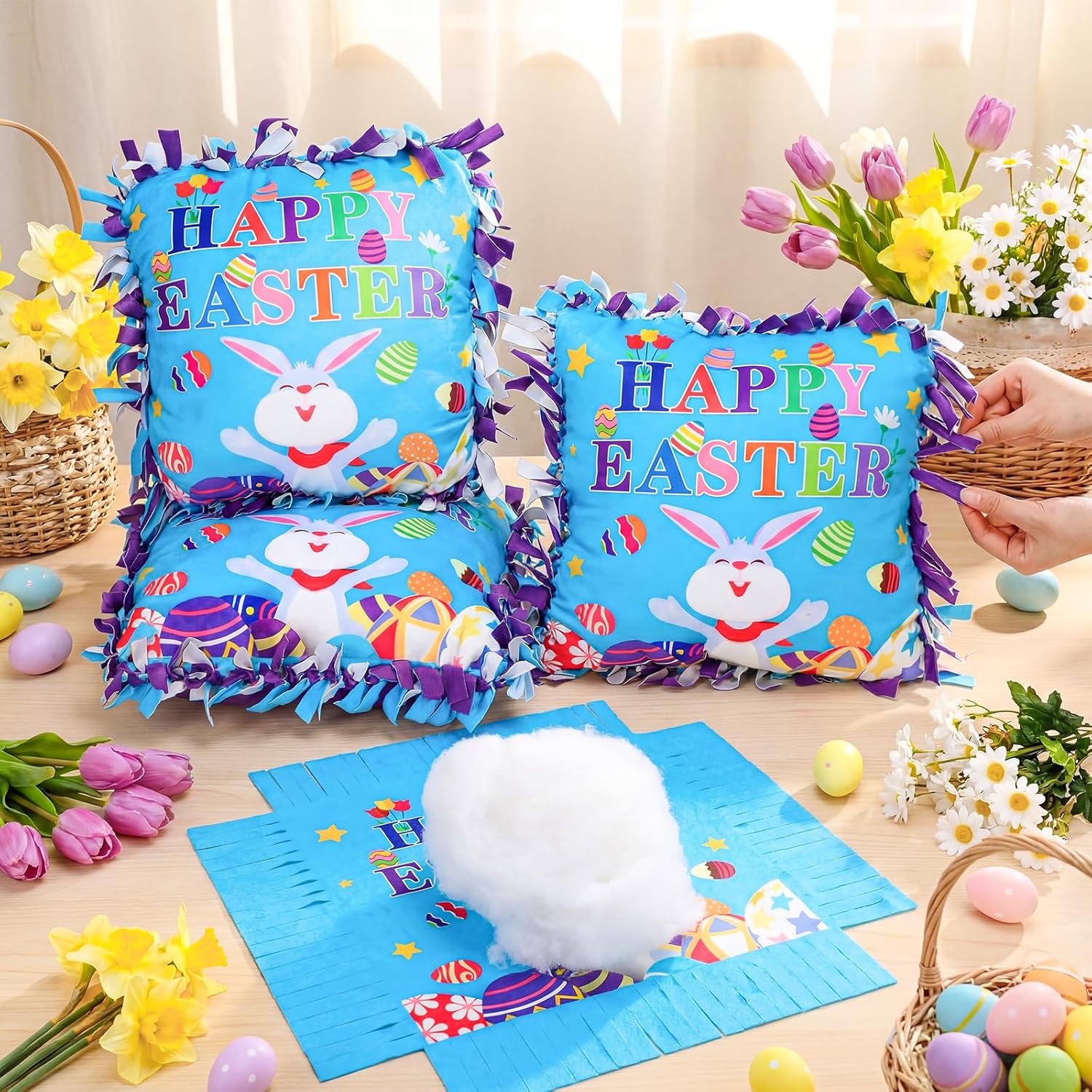Mindsoft 6 Sets Easter Bunny Fleece Tied Pillow Craft Kits – DIY Easter Decor, No Sewing Required, Colorful Rabbit & Egg Design, Home Activity, Gift for Spring Party
