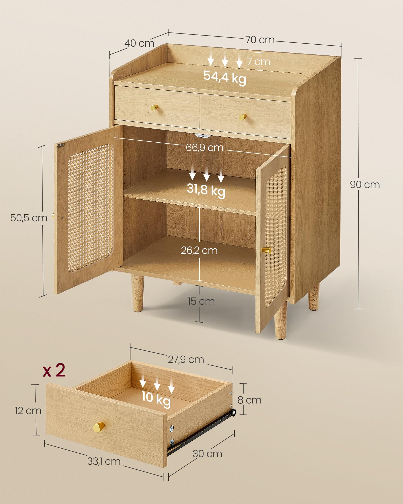 OLIVIBED Rotan dressoir, commode met 3 laden en 2 deuren, comodetekast met handgrepen en poten, highboard met opbergruimte, voor hal, slaapkamer en woonkamer, houtkleur, 140 x 40 x 80 cm
