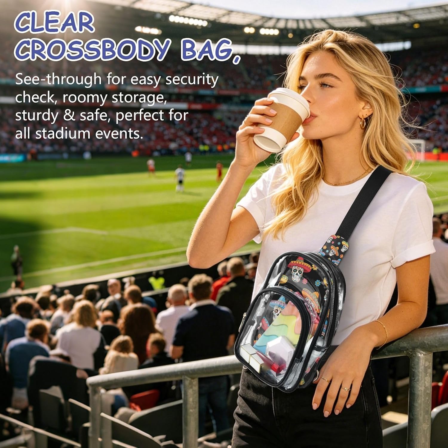 Sinestour Skull Hat Black print Clear Crossbody Bag Stadium Approved, Small Clear Purse for Women, Transparent See Through Sling Backpack for Sports Events Concerts Travel