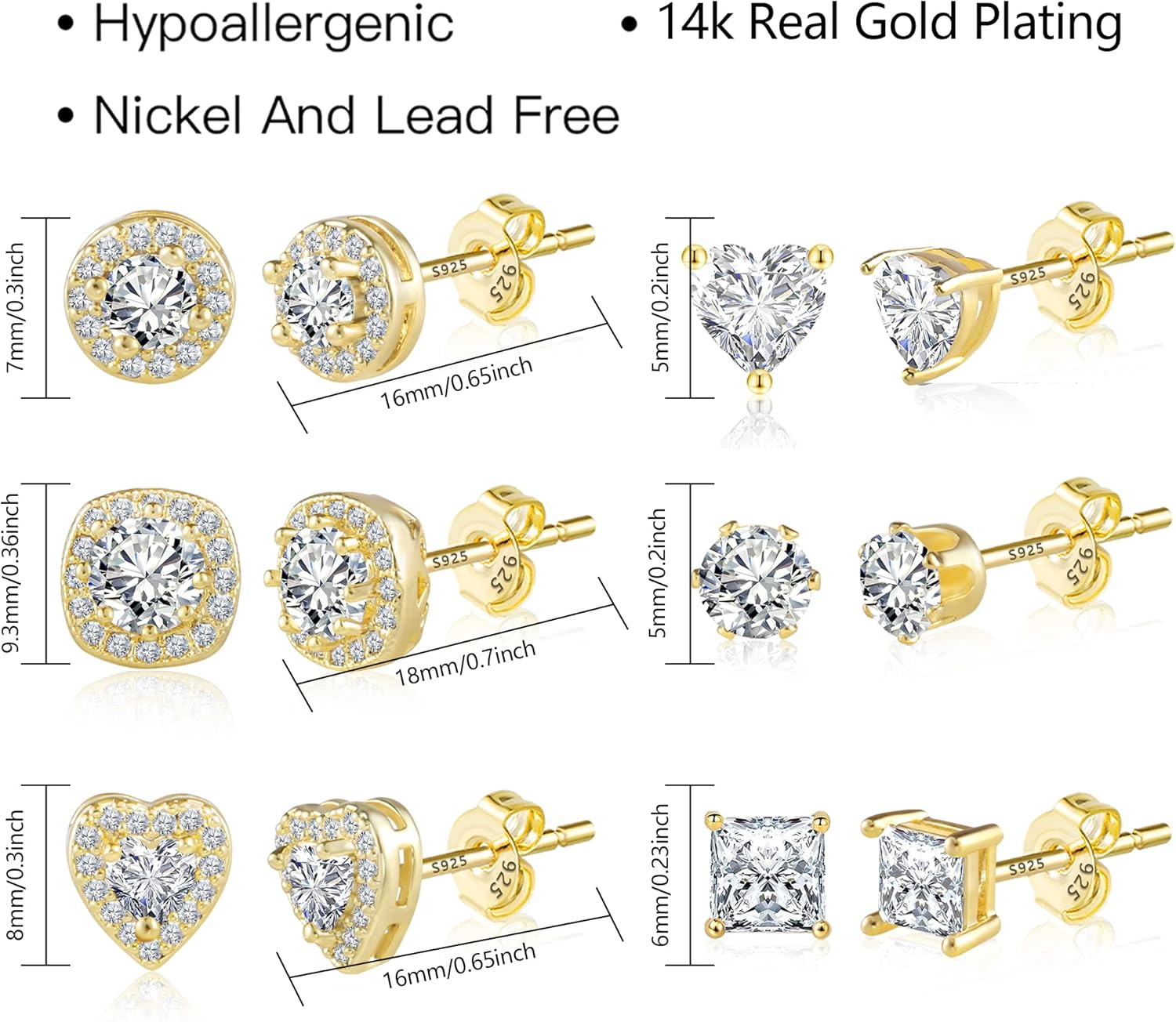 ALEXCRAFT Sterling Silver Stud Earrings for Women Cubic Zirconia Halo Round Heart Square Diamond Large Silver Stud Set - Image 6