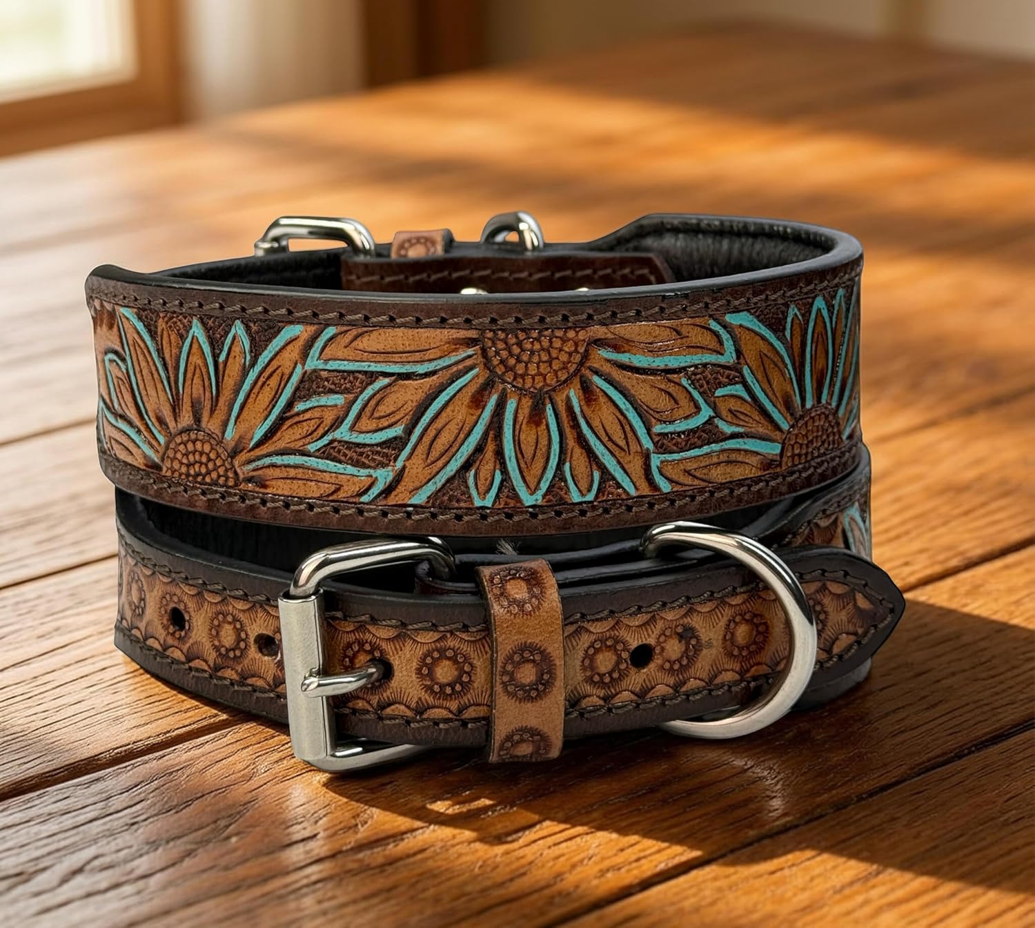 Genuine Leather Dog Puppy Collar Western Style Beaded Tooled Handmade Padded 1.5" Wide Full Grain Leather (XL (22"-25"))