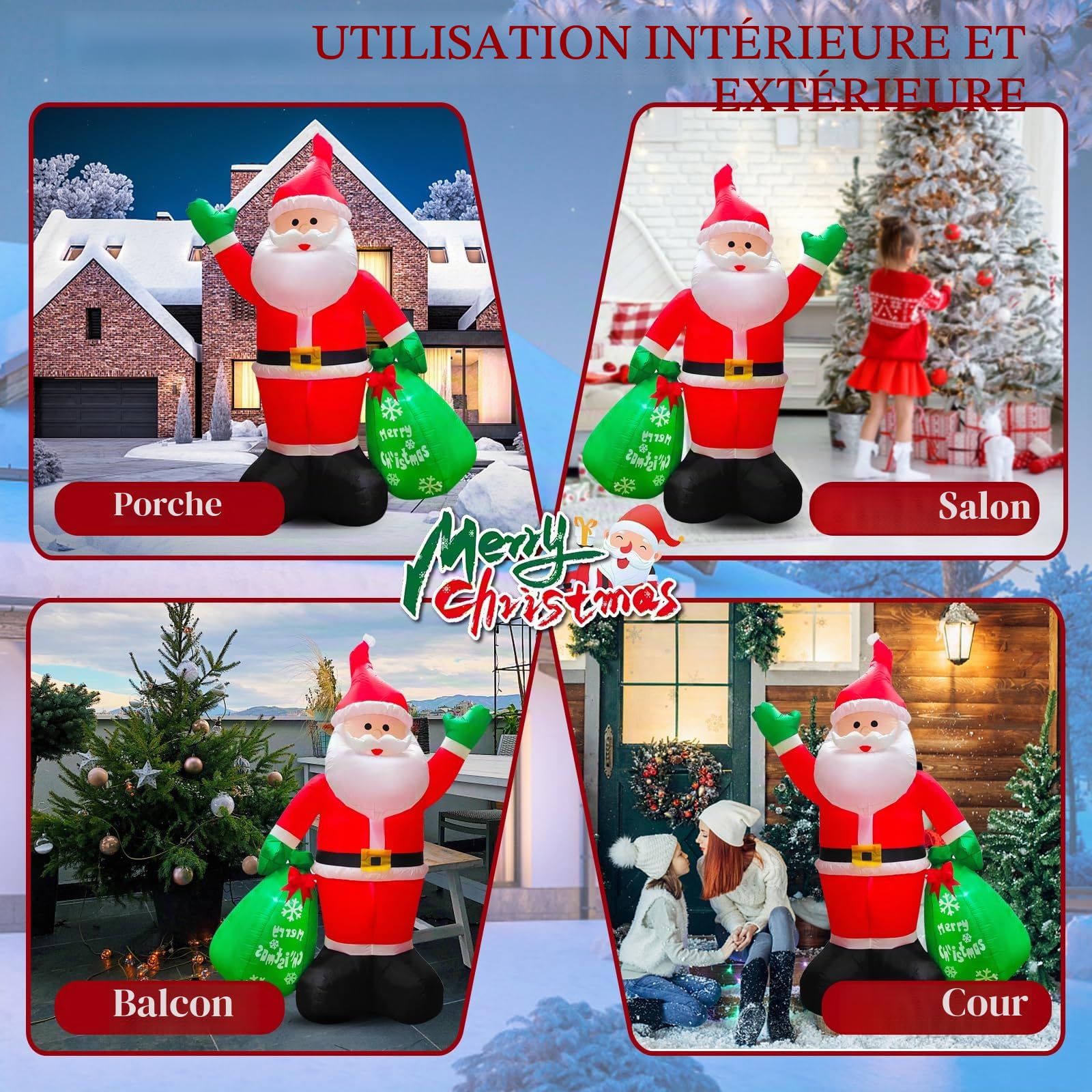 Père Noël gonflable LED - 245 cm - Décoration Noël - IP44 - Étanche - Cadeaux - Éclairage intérieur/extérieur - Jardin, pelouse, cour