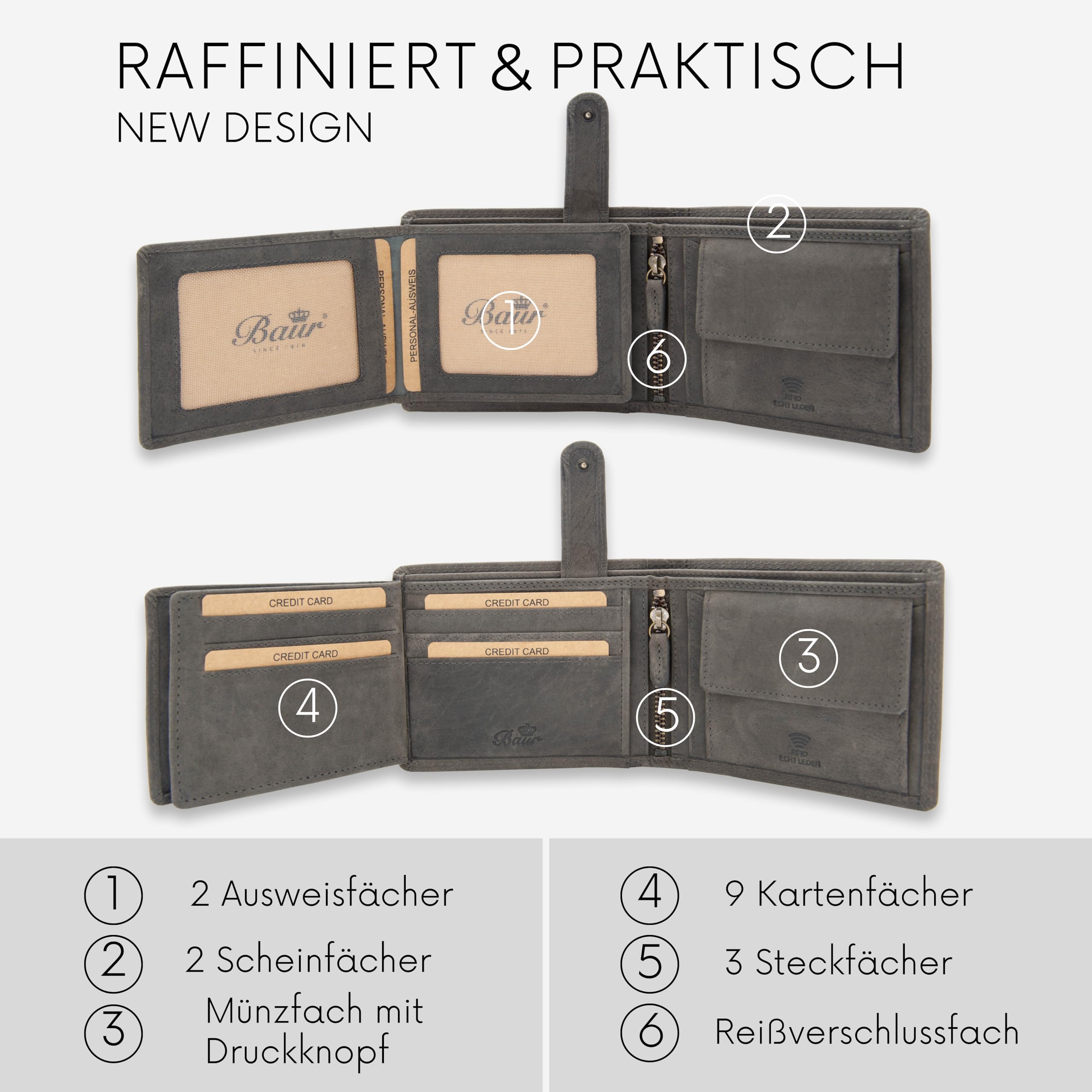 Baur - Cartera de piel de búfalo auténtica para hombre, con protección RFID, formato horizontal, con compartimento para monedas, con muchos compartimentos para tarjetas, gris, 12,5x9,5x2, Formato