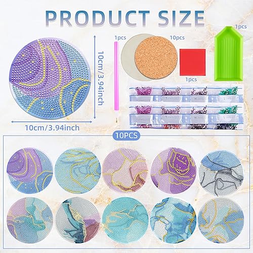Miniatura 2 de Fsnjcz Juego de 10 posavasos de pintura de diamante de mármol con soporte, posavasos de mármol azul para bebidas, kits de pintura de diamantes para