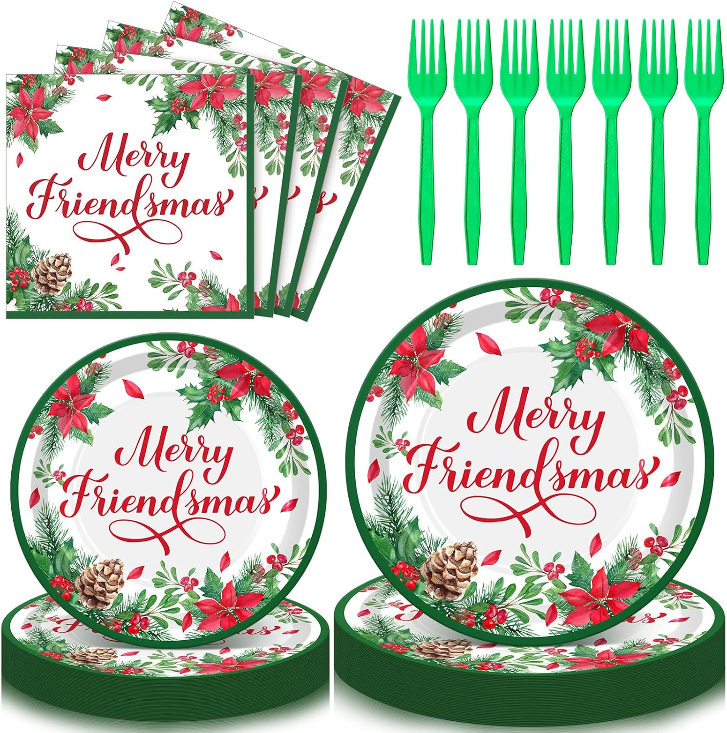 96 Pcs Friendsmas Christmas Party Decorations for 24 Guest Red Green Merry Friendsmas Christmas Party Supplies Friend Xmas Paper Plates and Napkins Set Vintage Disposable Dinnerware Set(Xmas Gifts)