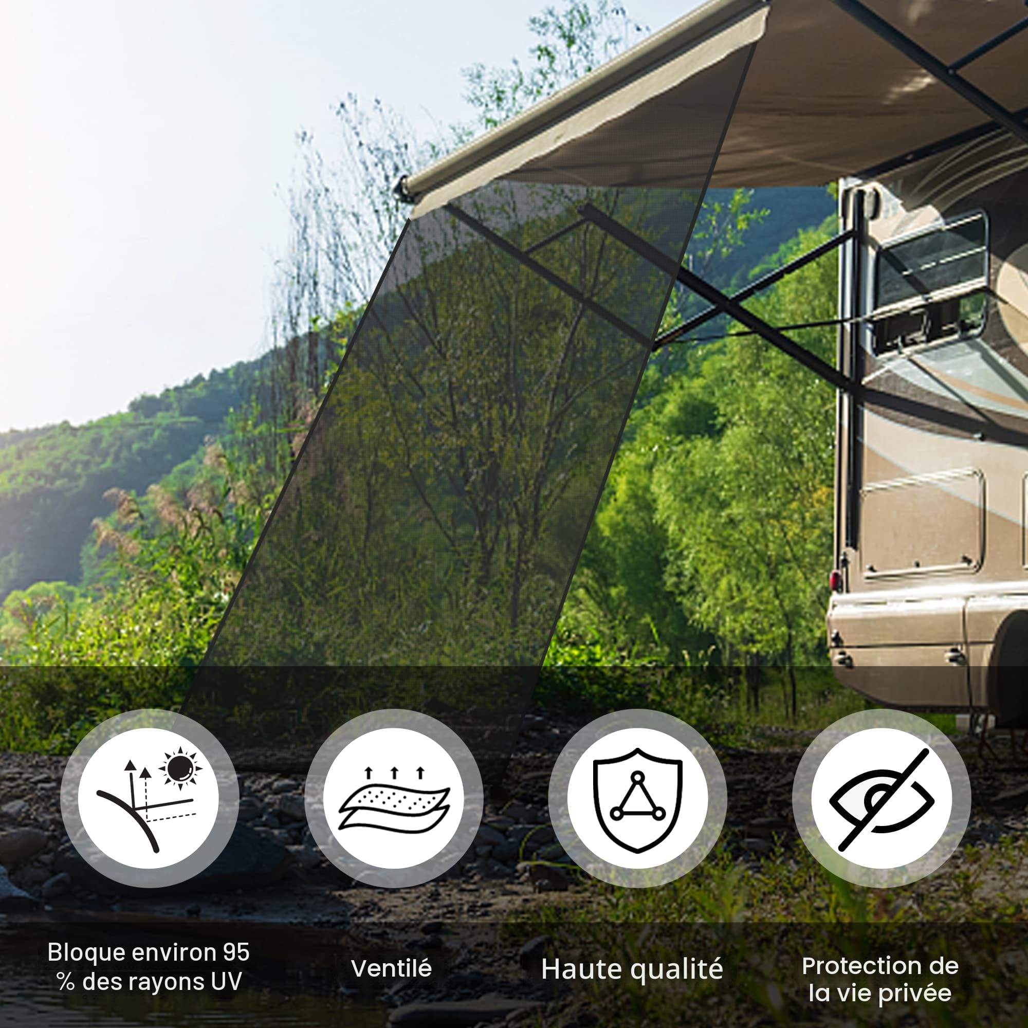 PHATRIP Pare-Soleil Avant de Camping Brise-Vue Coupe-Vent pour Caravane,Sun View Front Blocker 245 * 240cm