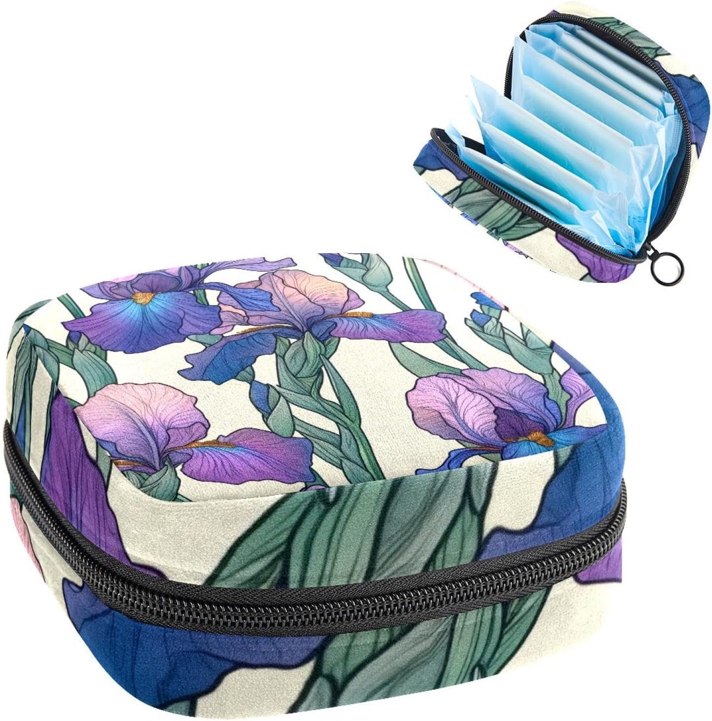 1Pc Period Bag for Women, Menstrual Pad Pouch for School Office, Reusable Sanitary Napkin Storage Bag Portable Feminine Period Kit Bag Vintage Iris Purple Flowers Seamless Pattern