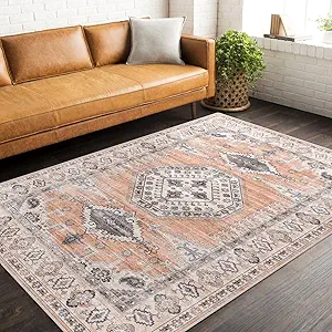 vivorug 3x5 Rug, Small Area Rug for Living Room, Bedroom, Kitchen, Machine Washable Non-Slip Throw Rug, Vintage Distressed Carpet for Entryway Nursery Dinner Room, Orange