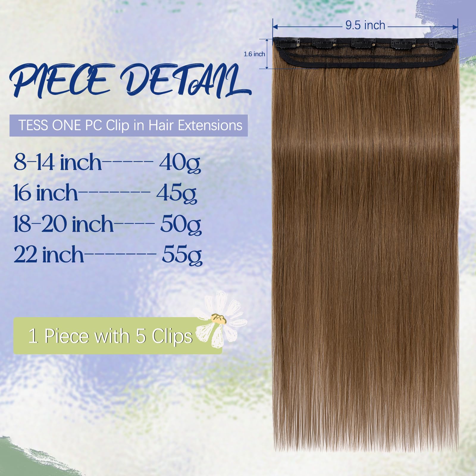 TESS Clip In Hair Extension,Hair Extensions Real Human Hair One Peice 5 Clips Straight Natural Hairpieces for Womens/Girls(#6 Light Brown,12Inch) - Image 2