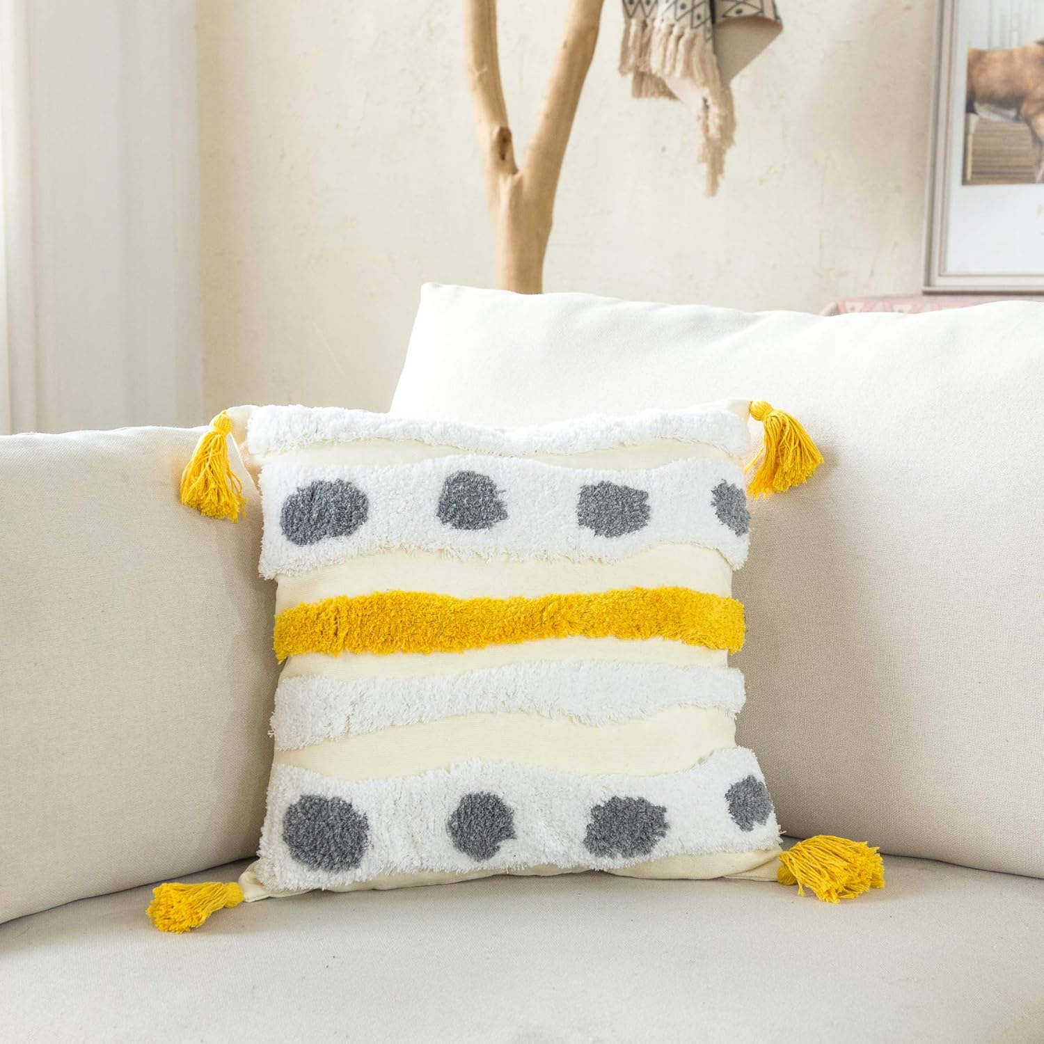 Woven Tufted Farmhouse Boho Throw Pillow Cover, Modern Decorative Multi Color Geometric Stripes Pillowcase with Tassels for Couch Sofa Bedroom Living Room, 18 x 18 Inches, Ivory, White, Yellow, Grey - Image 7