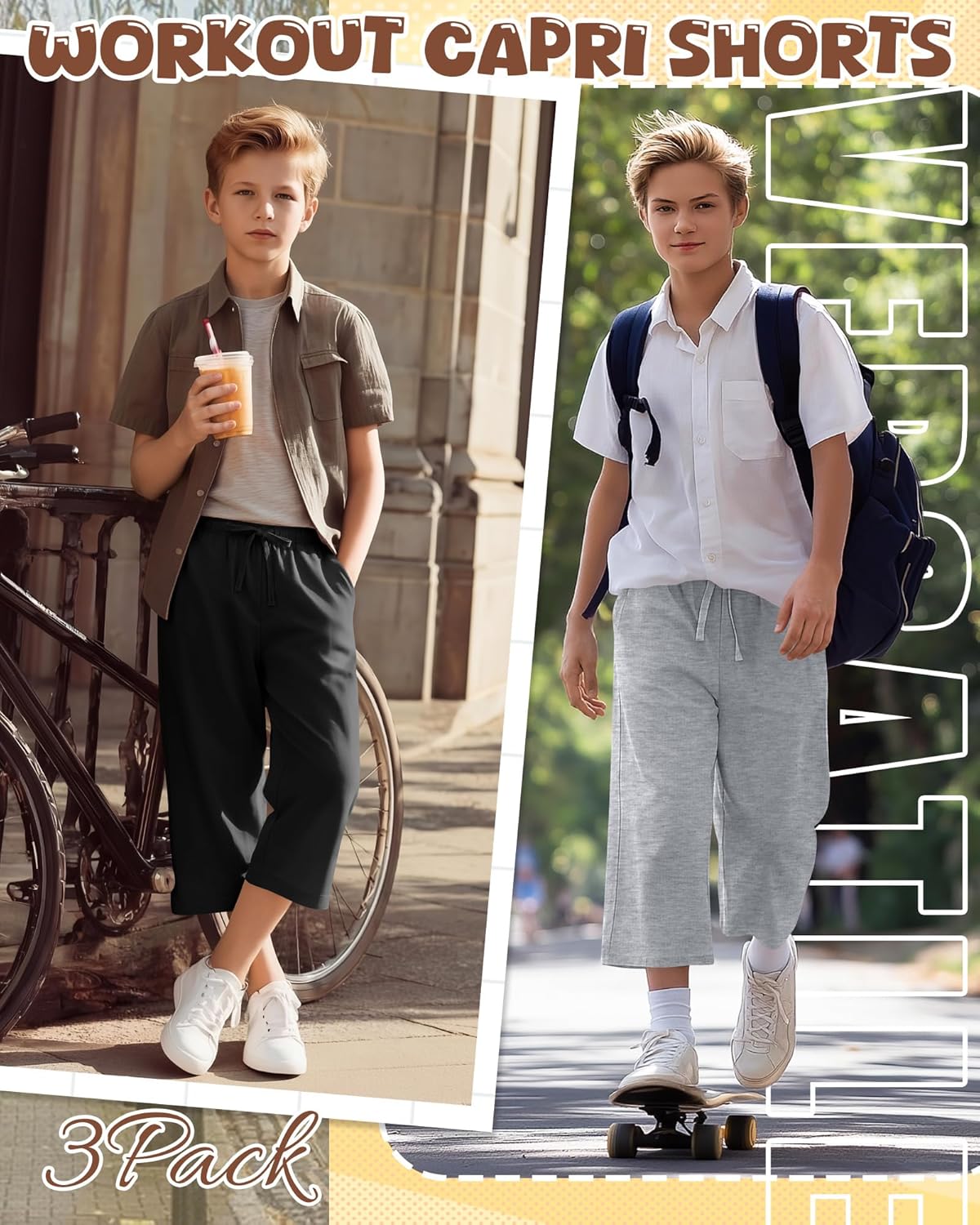 Oakgarden 3 Pack Boys Capri Pants Kids Youth 3/4 Cropped Sweatpants Below Knee Loose Summer Pants with Pockets Drawstring