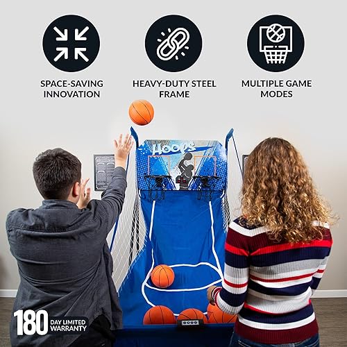 Miniatura 4 de Hathaway Hoops Juego de arcade de baloncesto dual con puntuación digital electrónica y temporizador, fácil de plegar para almacenamiento, 7 bolas y