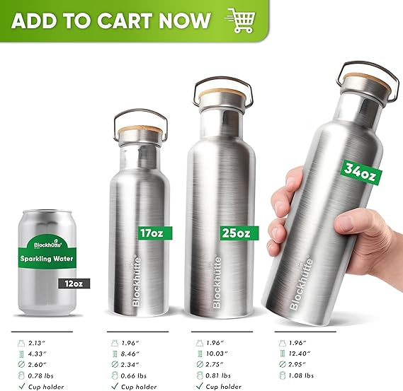 Blockhutte Vacuum Insulated Stainless Steel Water Bottle - 34 oz | Wide Mouth Insulated Metal Bottle for Cold Drinks | Perfect for Travel, School, Kids, Adults, Water Canteen, BPA-Free